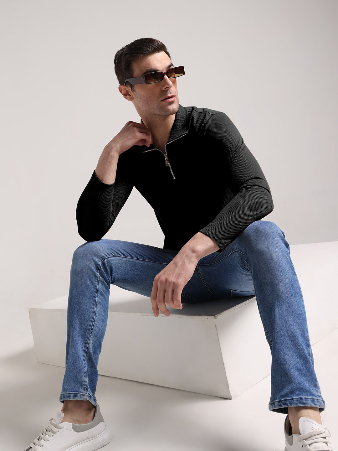 Men's Outer Mesh Black Full Sleeve Zipper T-Shirt