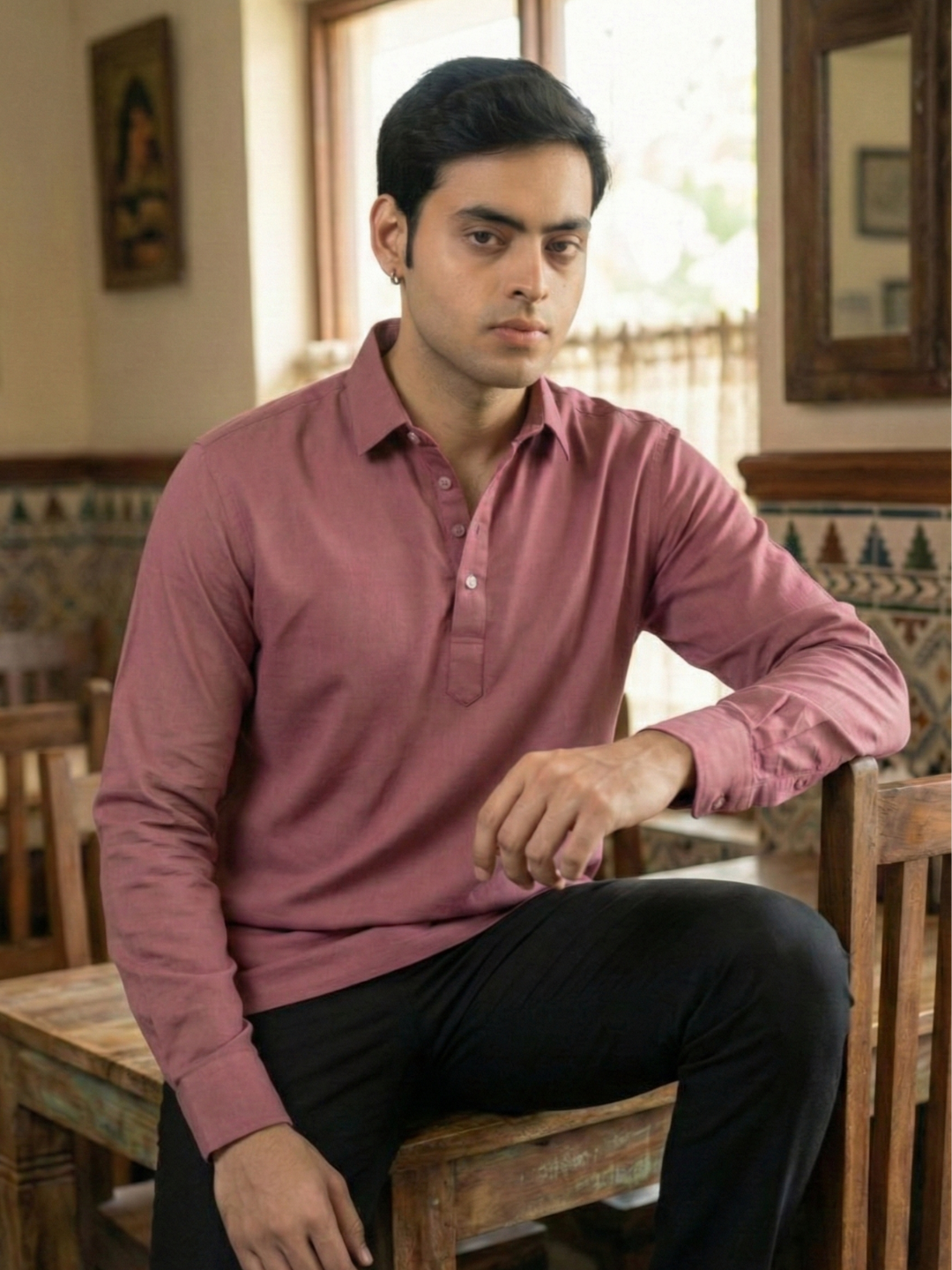 Men’s Muated Mauve Premium Long Sleeve Henley Shirt with Buttoned Cuffs