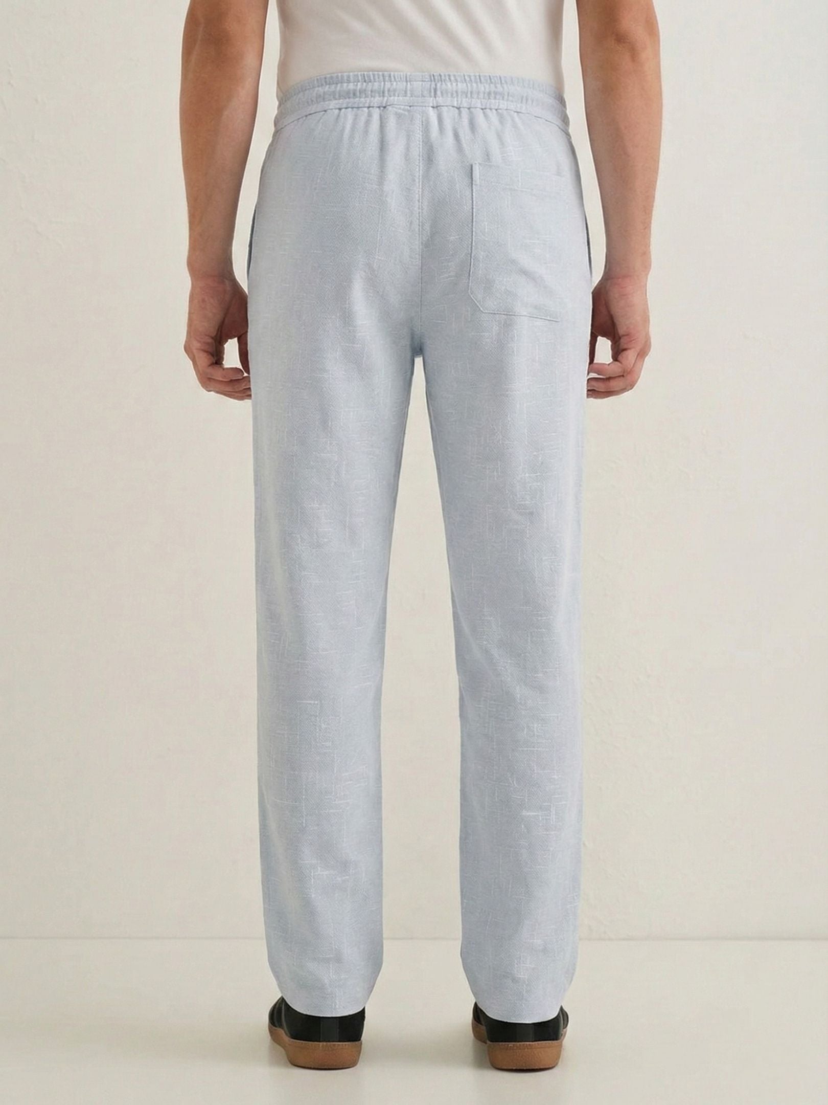 Men's Pale Grey Textured Relaxed Fit Trousers with Elasticated Drawstring Waist