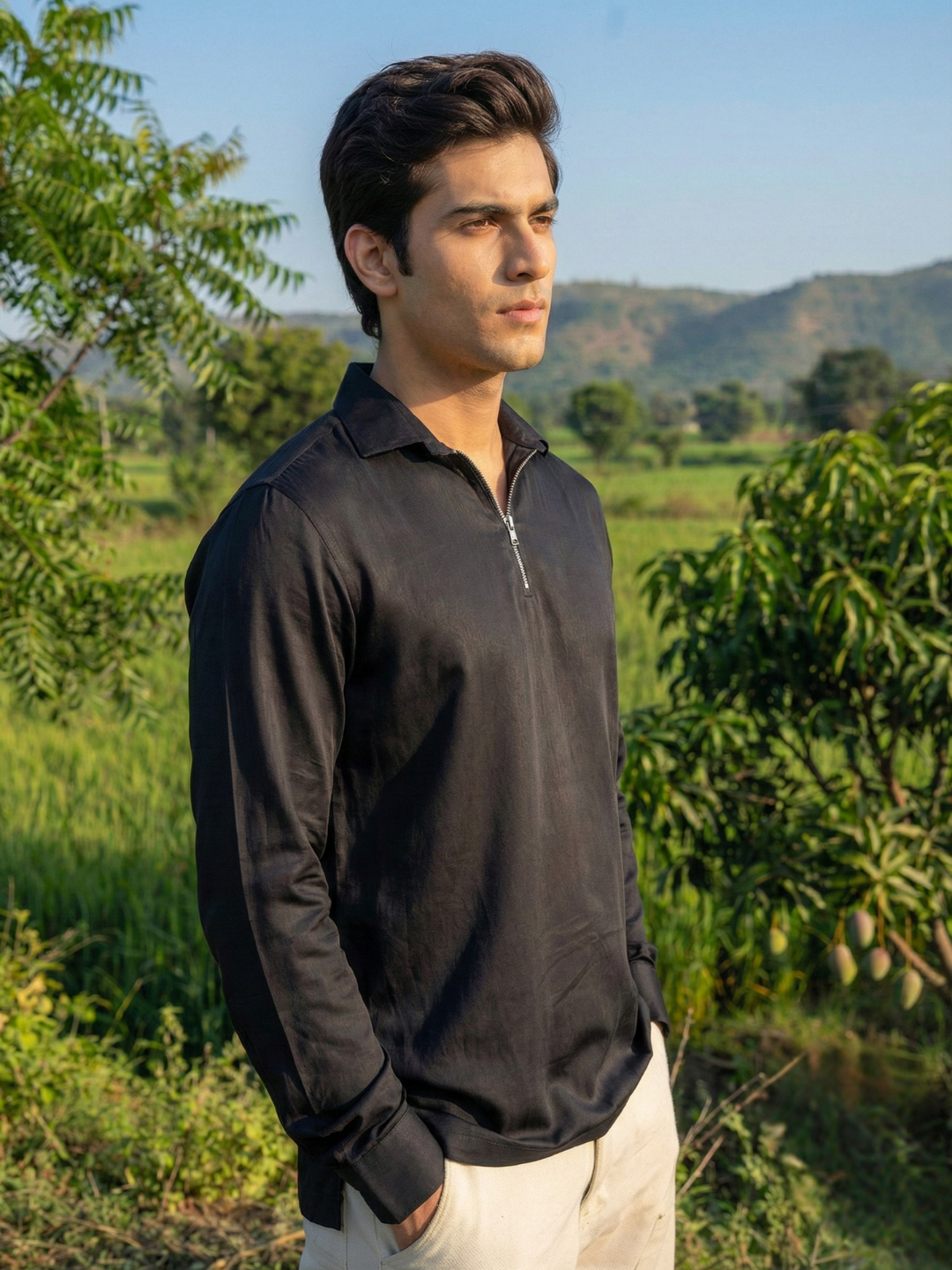 Men’s Midnight Black Premium Quarter-Zip Long Sleeve Polo Shirt