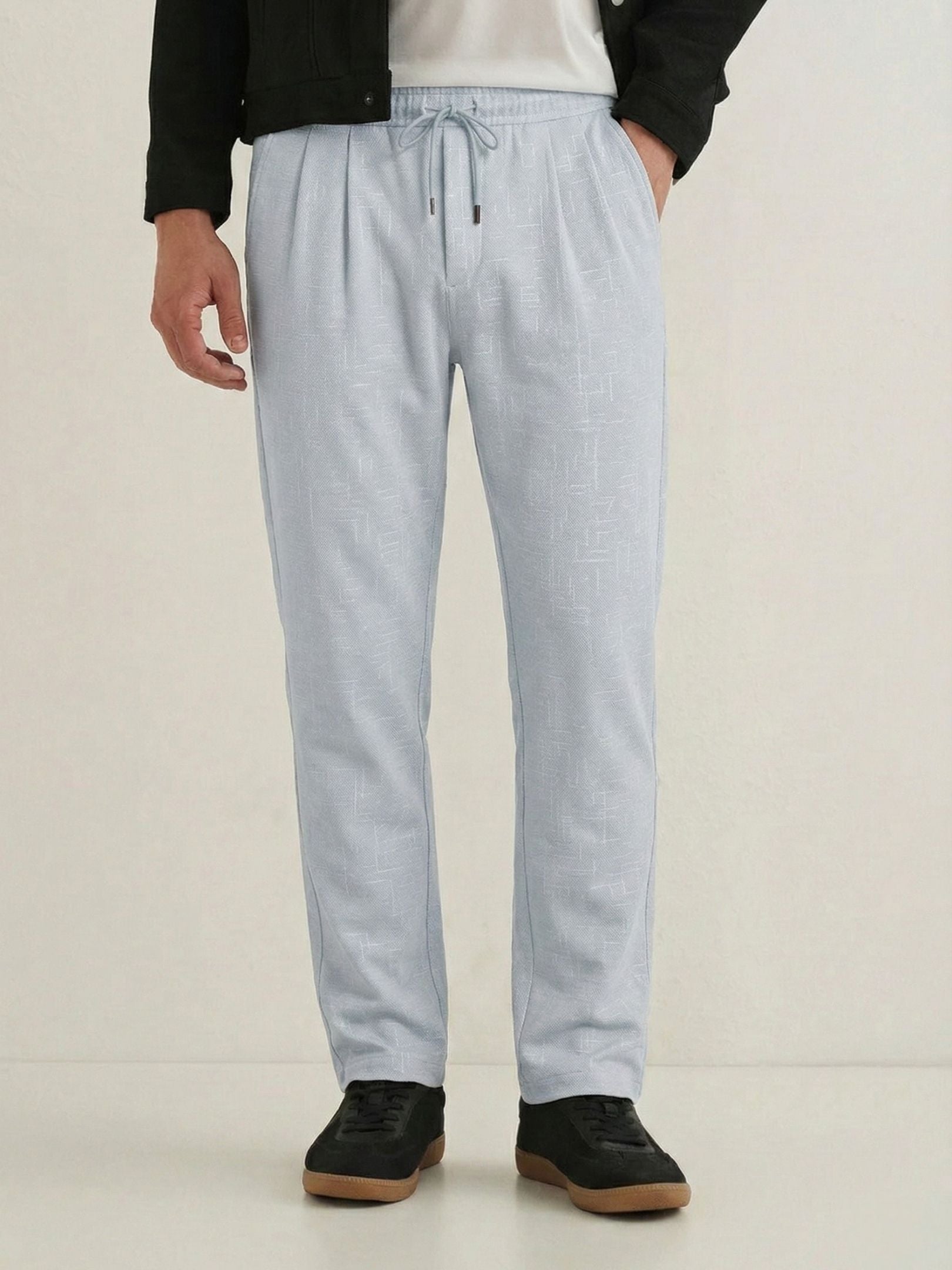 Men's Pale Grey Textured Relaxed Fit Trousers with Elasticated Drawstring Waist