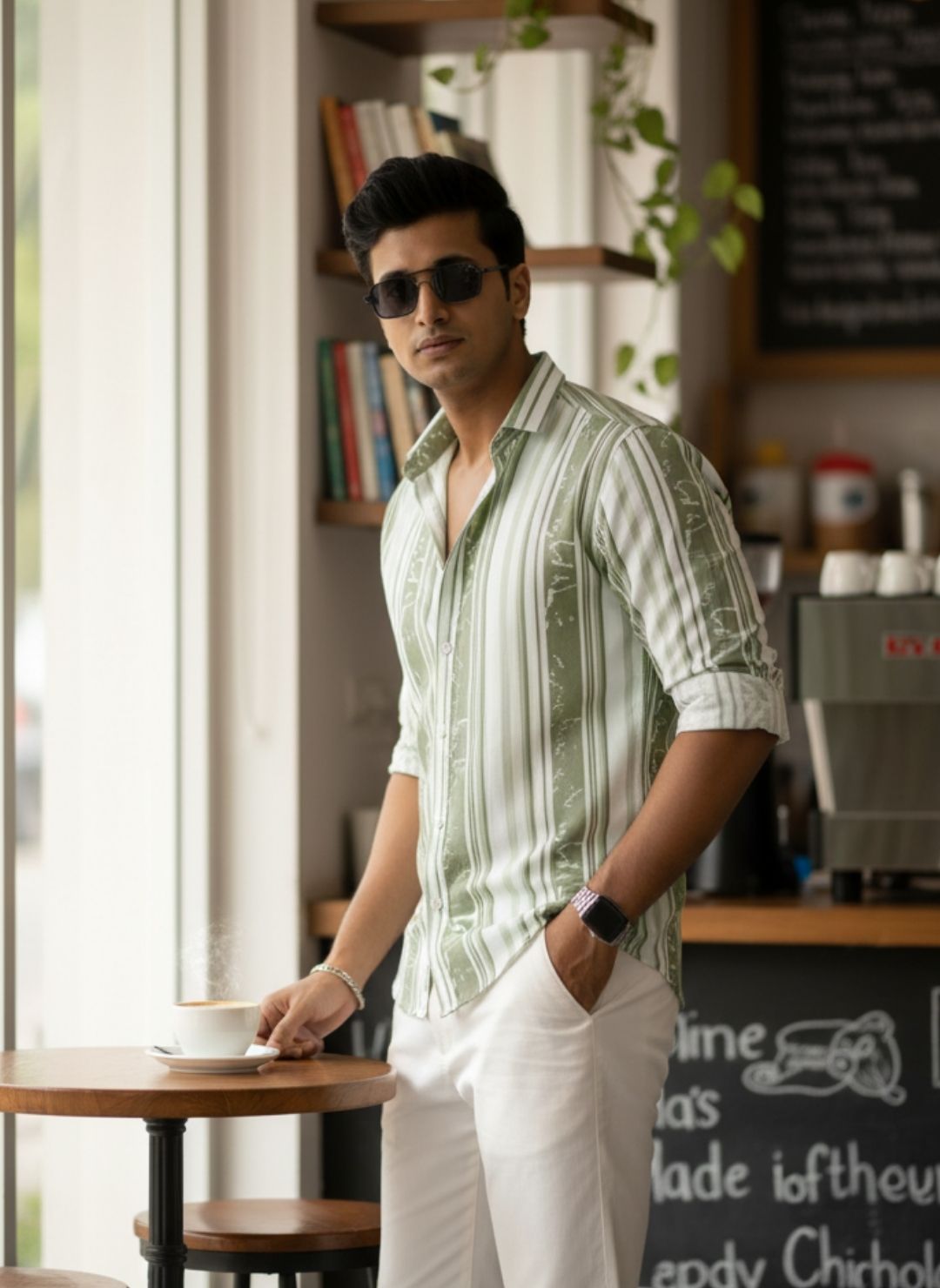 Men's Sage Green Textured Multi-Color Striped