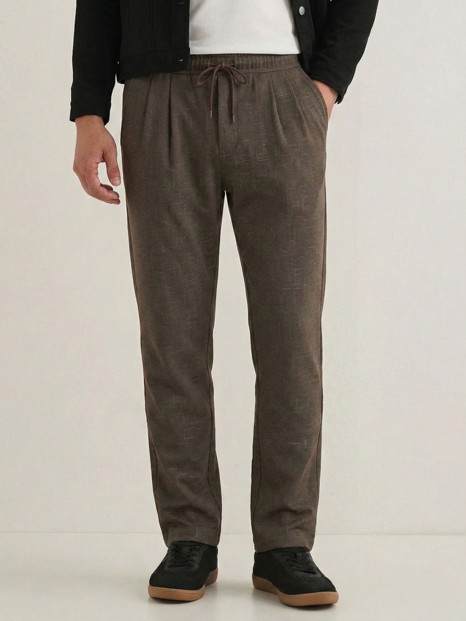 Men's Taupe Textured Relaxed Fit Trousers with Elasticated Drawstring Waist