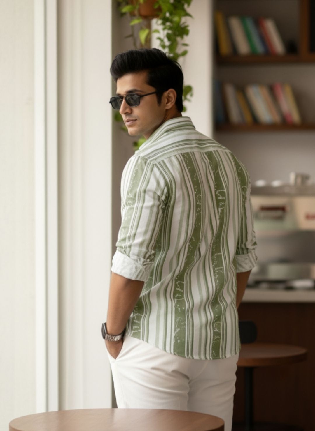 Men's Sage Green Textured Multi-Color Striped