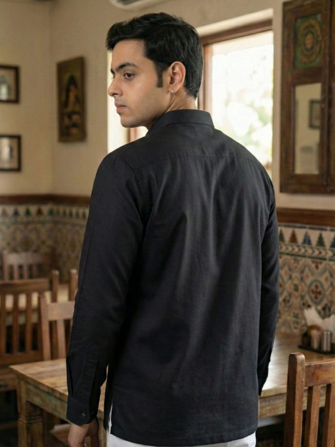 Men’s Midnight Black Premium Long Sleeve Henley Shirt with Buttoned Cuffs