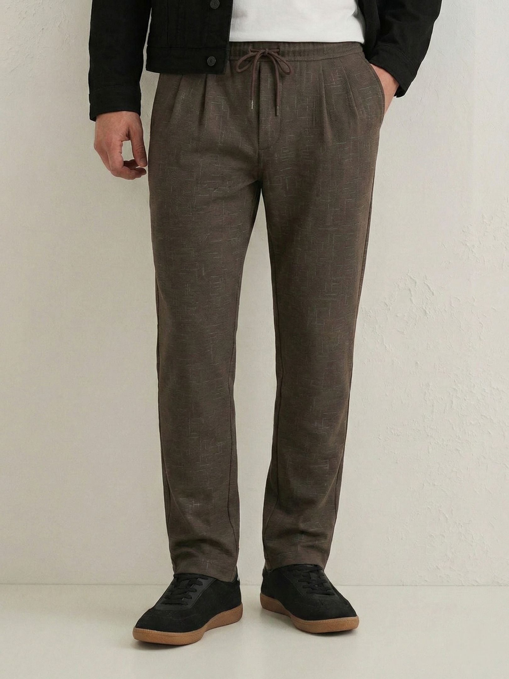 Men's Taupe Textured Relaxed Fit Trousers with Elasticated Drawstring Waist