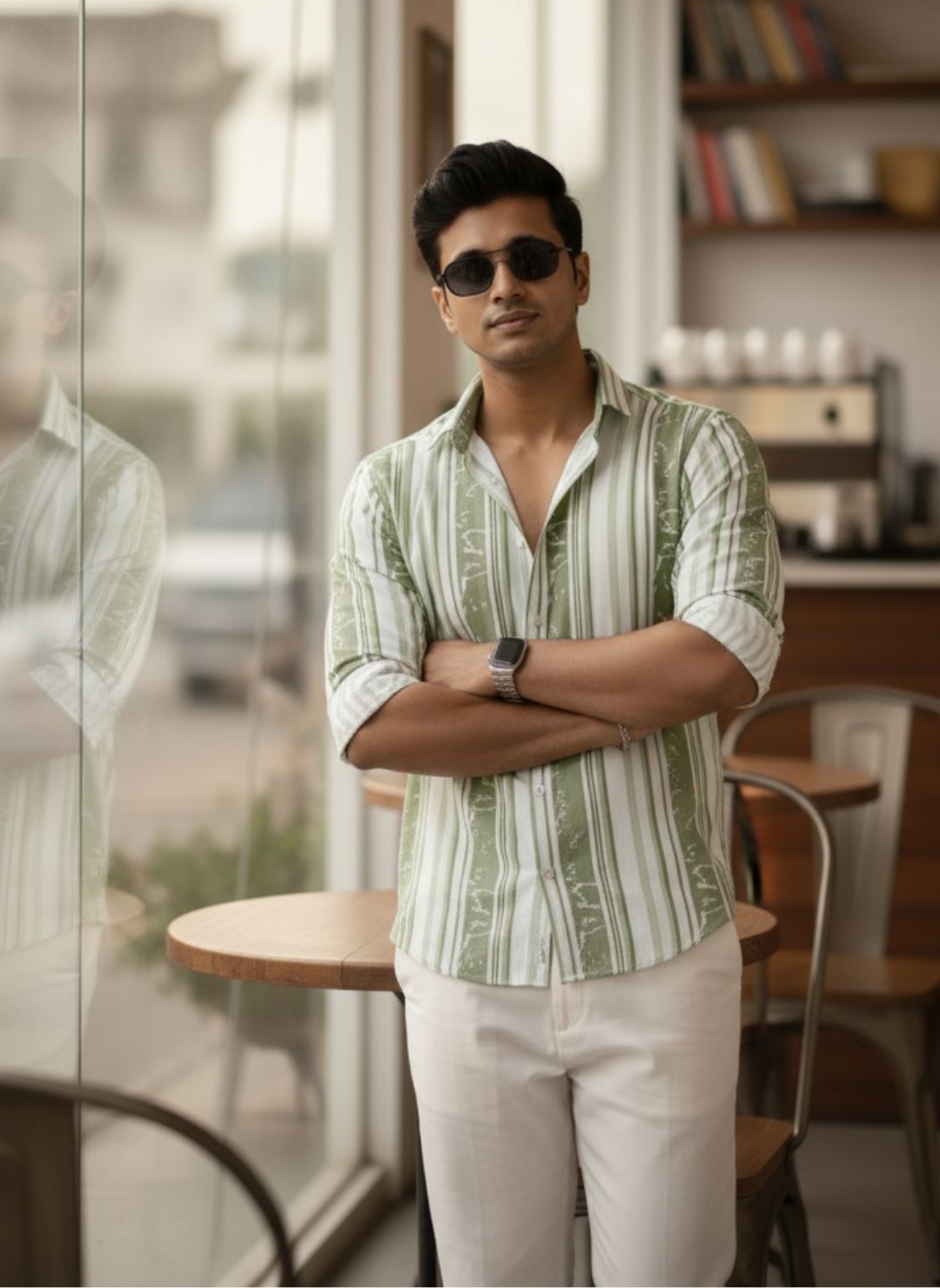 Men's Sage Green Textured Multi-Color Striped