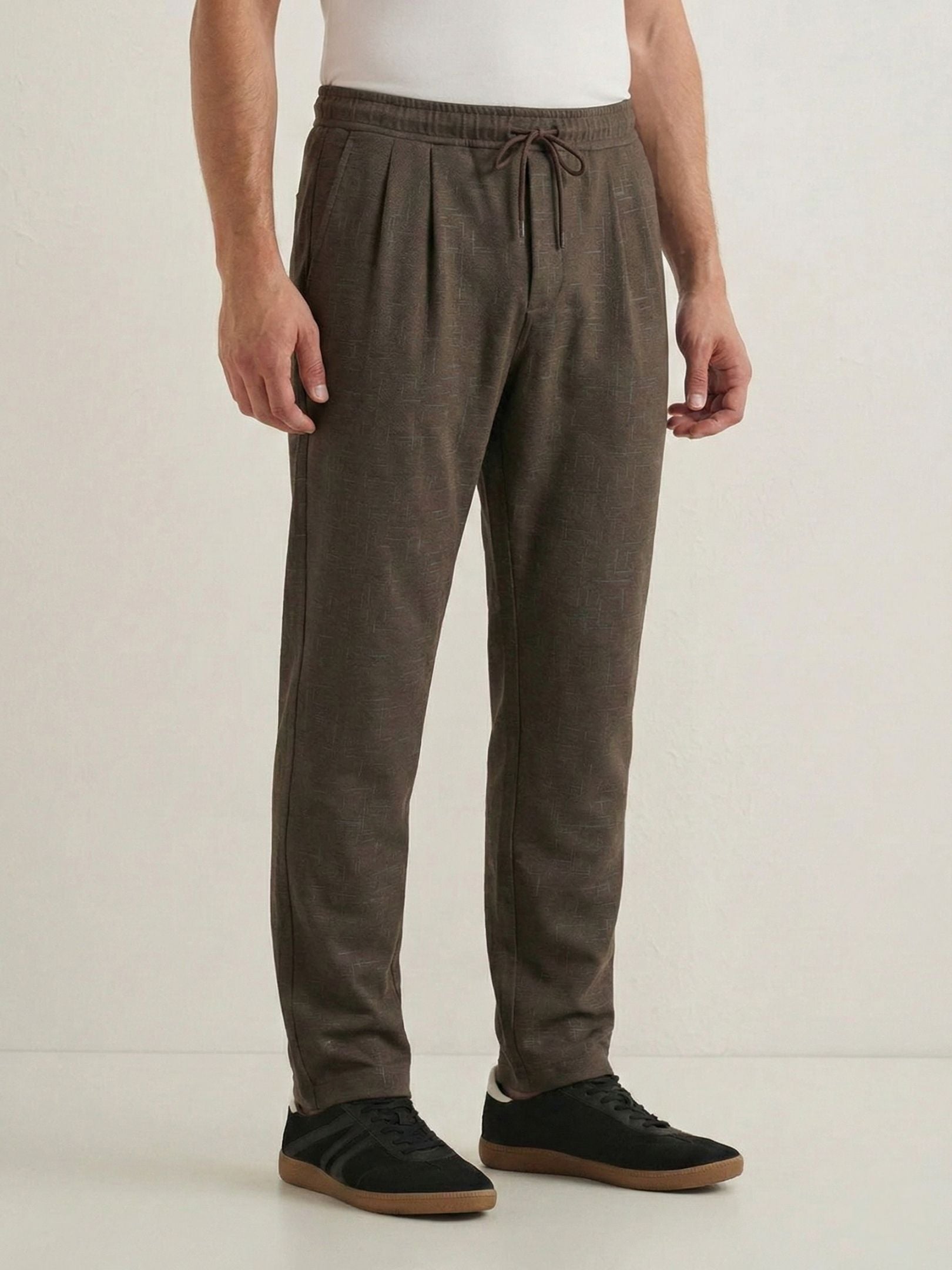Men's Taupe Textured Relaxed Fit Trousers with Elasticated Drawstring Waist