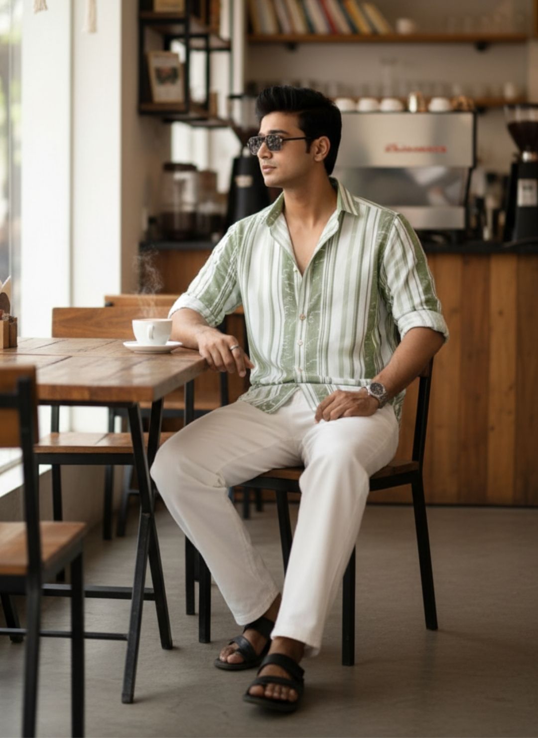 Men's Sage Green Textured Multi-Color Striped