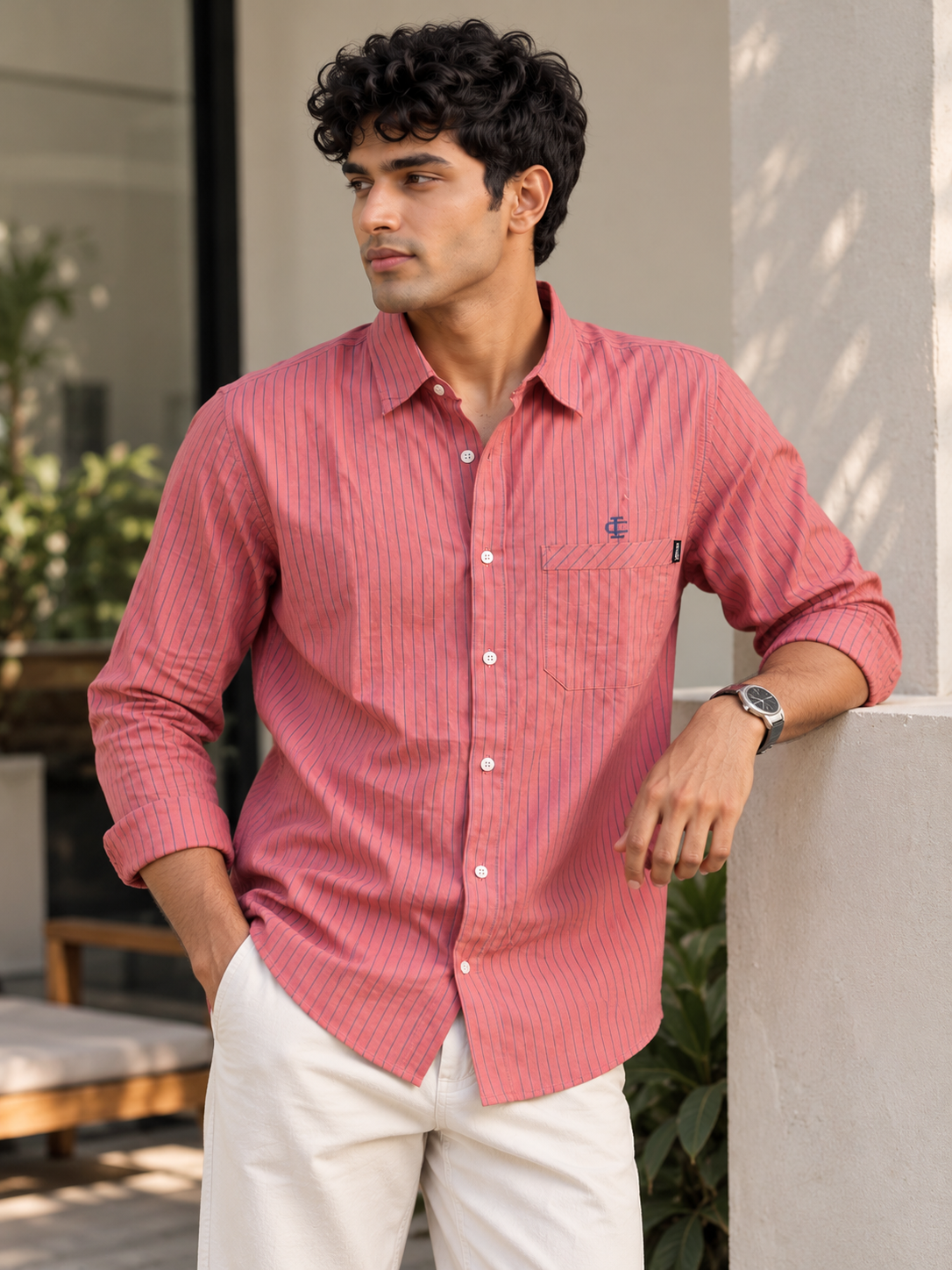 Men’s Striped Casual Shirt – Coral Pink