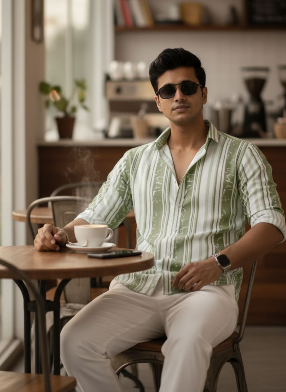 Men's Sage Green Textured Multi-Color Striped