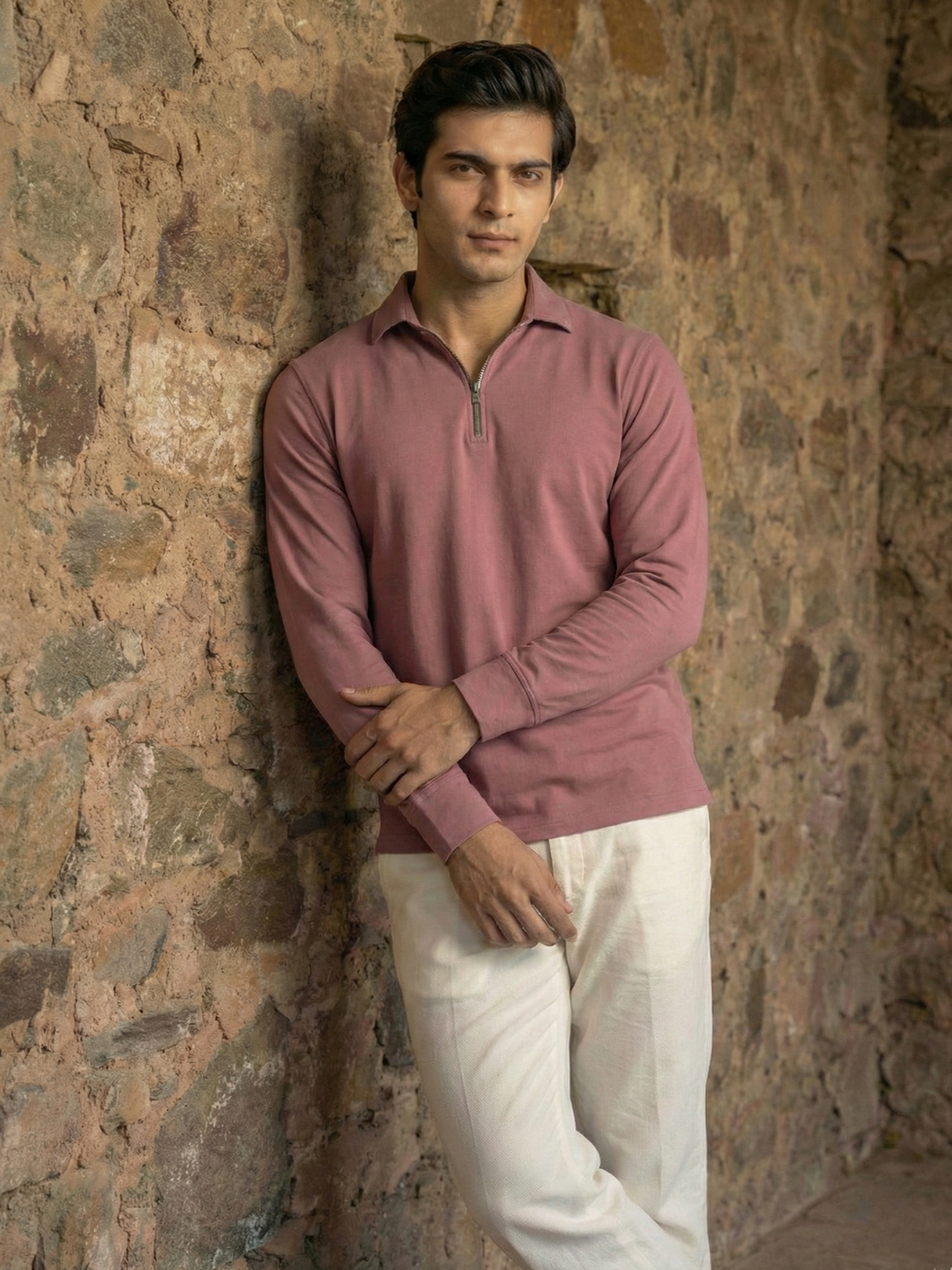 Men’s Muted Mauve Premium Quarter-Zip Long Sleeve Polo Shirt