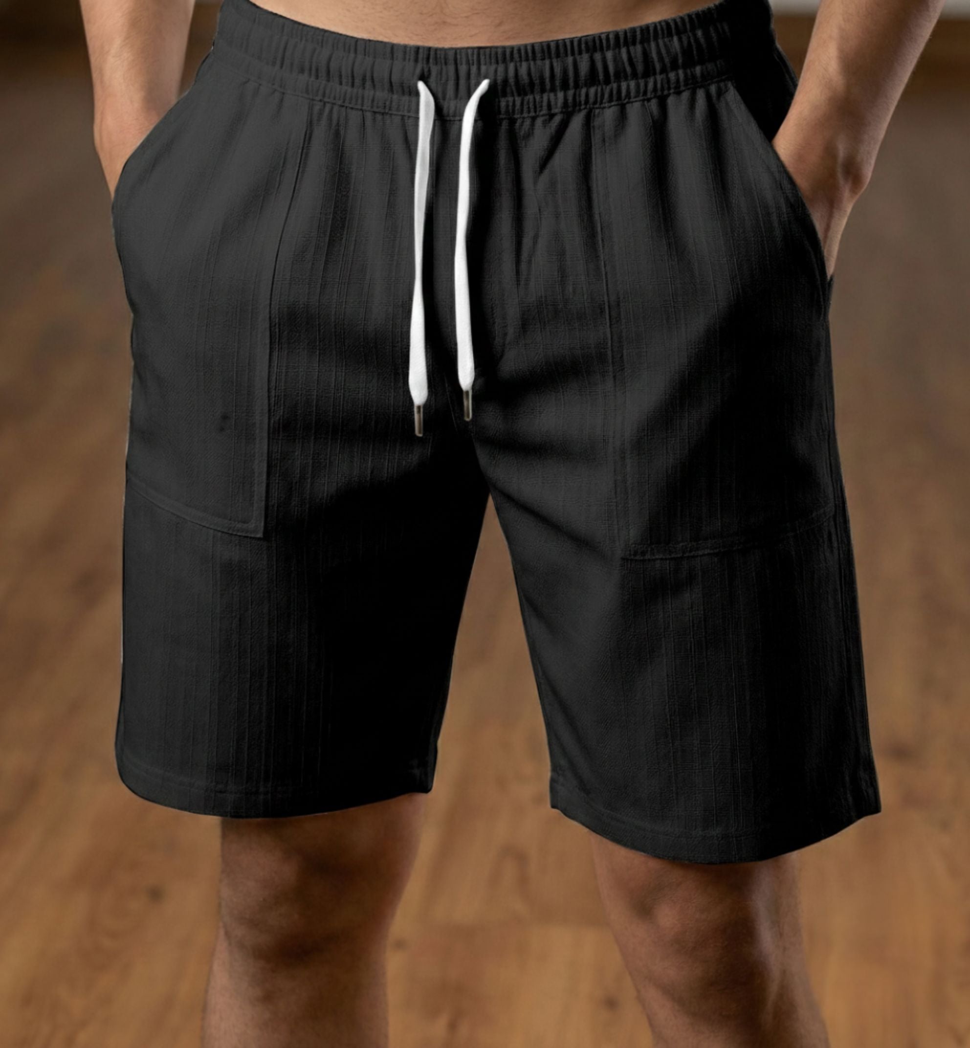 Men’s Black Textured Polyester Jute Drawstring Shorts