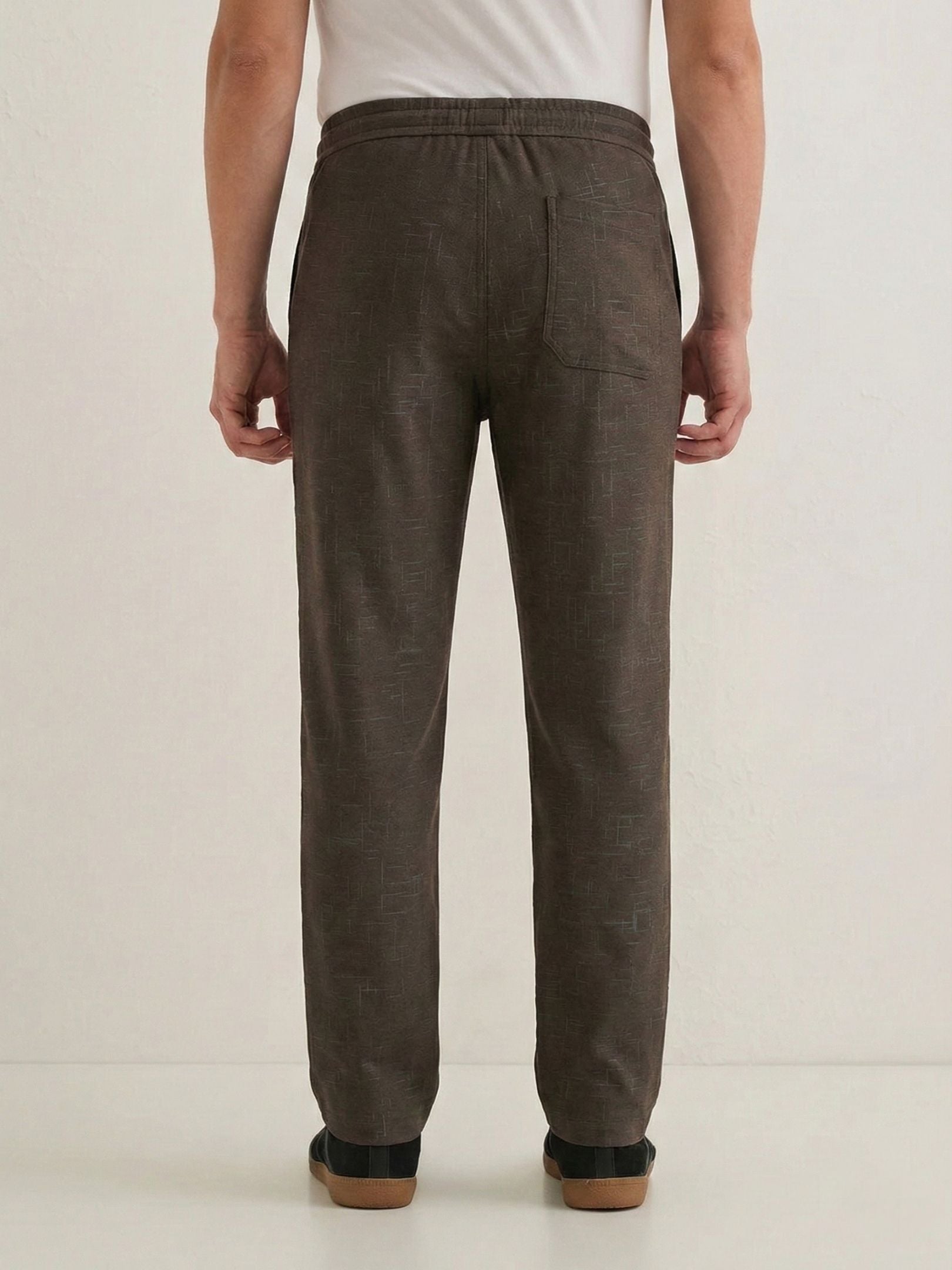 Men's Taupe Textured Relaxed Fit Trousers with Elasticated Drawstring Waist