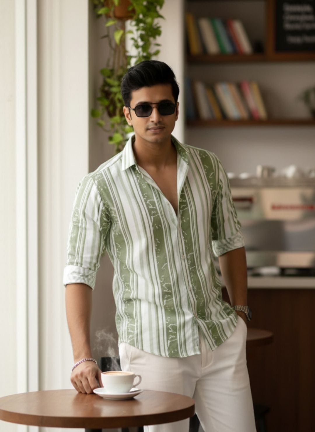 Men's Sage Green Textured Multi-Color Striped