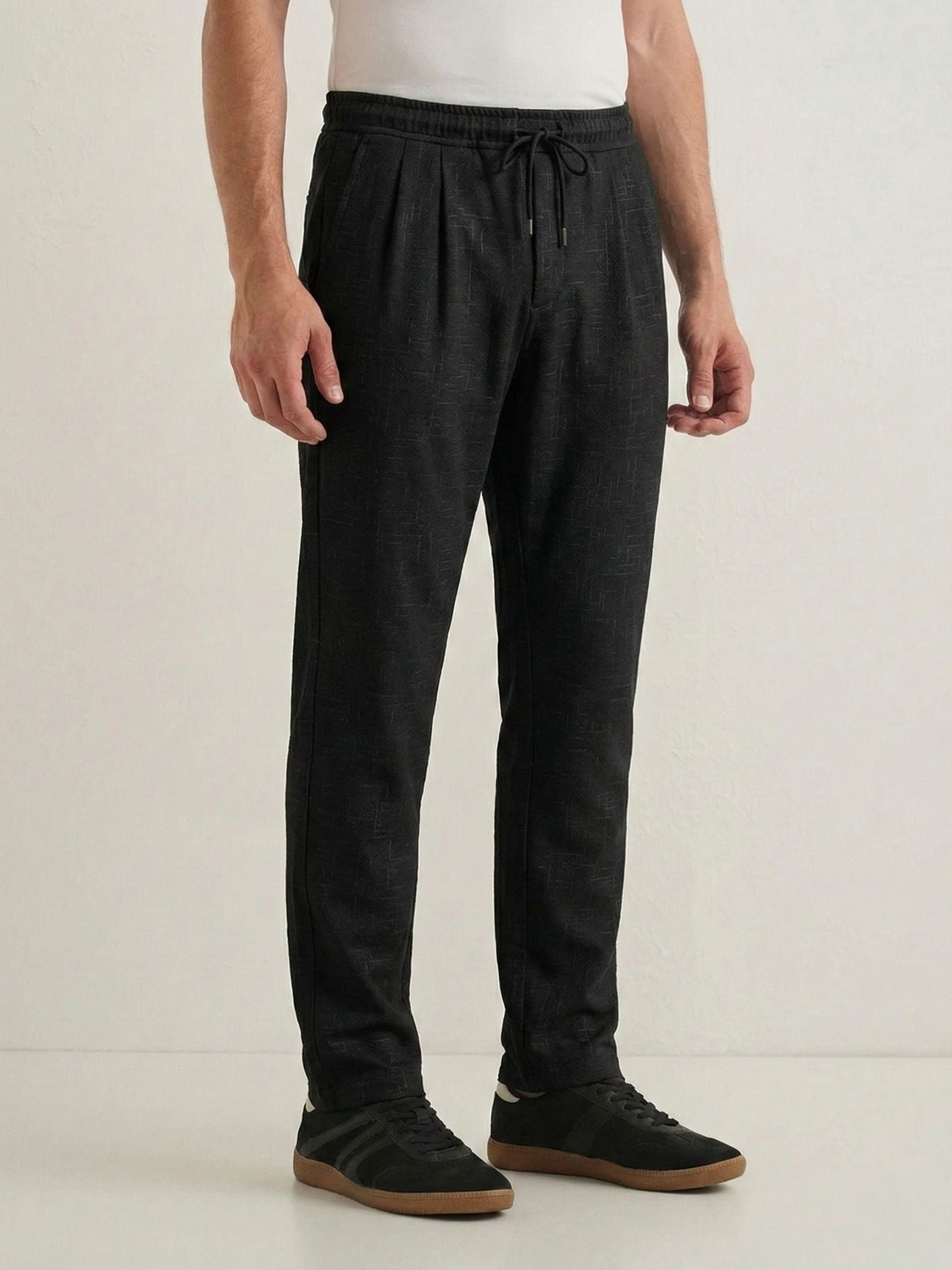 Men's Black Textured Relaxed Fit Trousers with Elasticated Drawstring Waist