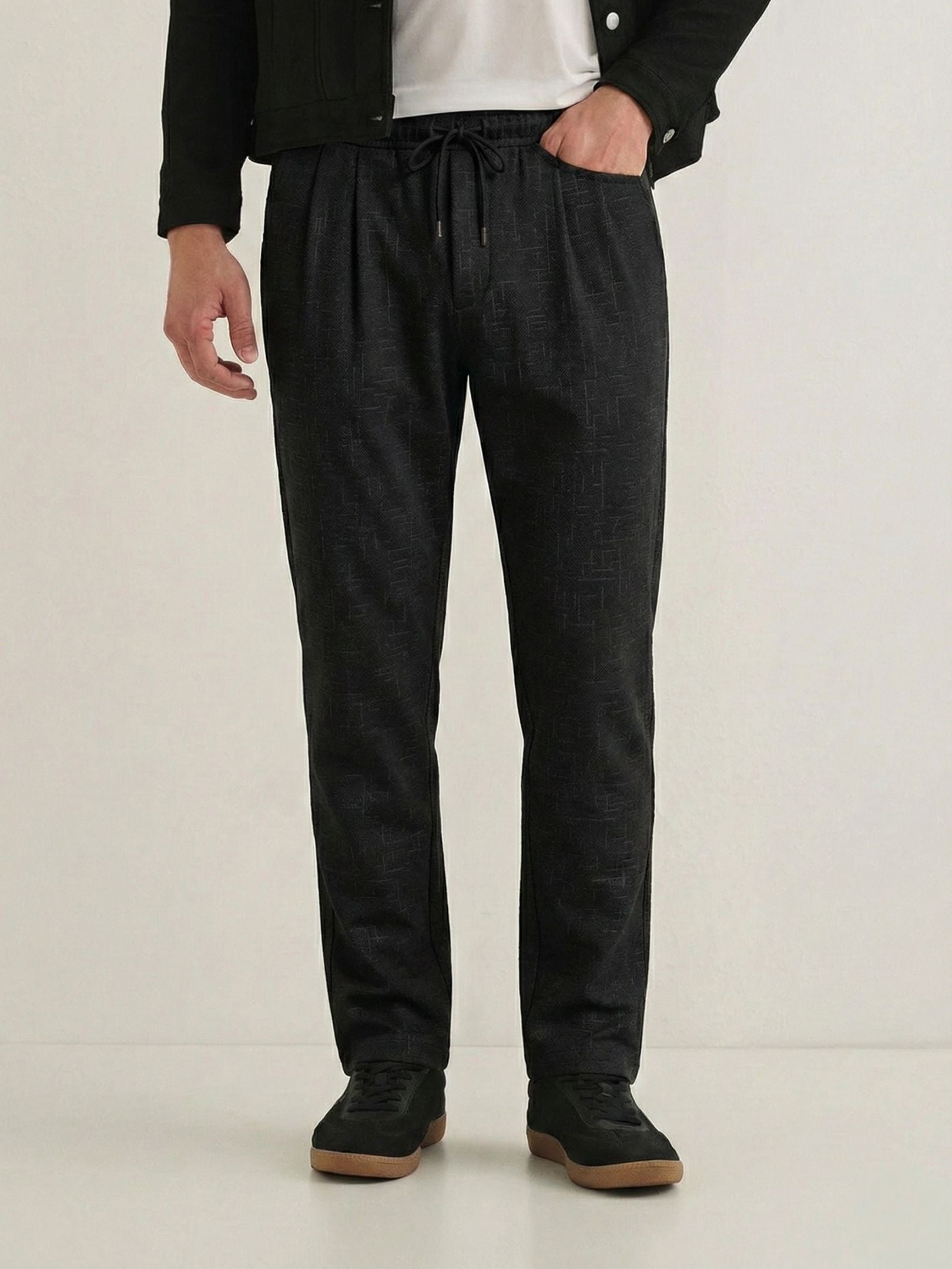 Men's Black Textured Relaxed Fit Trousers with Elasticated Drawstring Waist