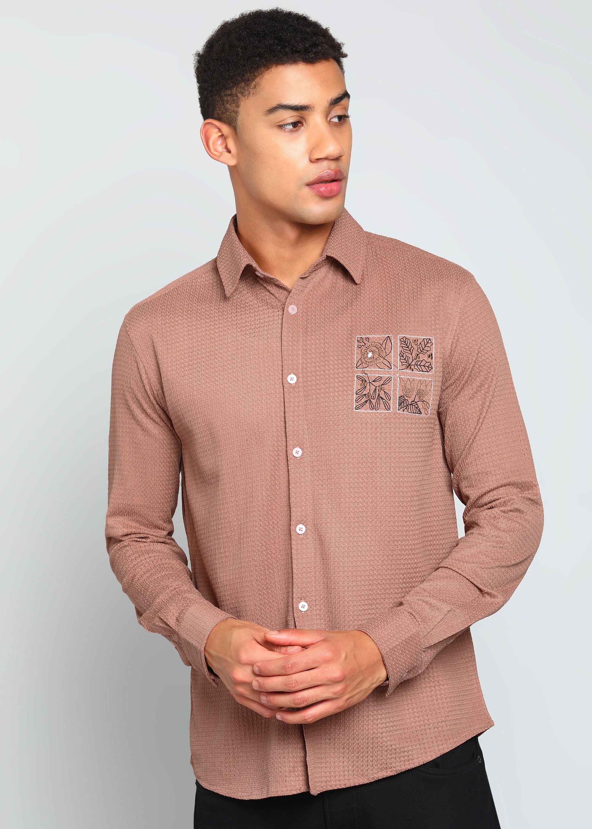Men’s Dusty Rose Textured Regular Fit Shirt with Floral Chest Embroidery