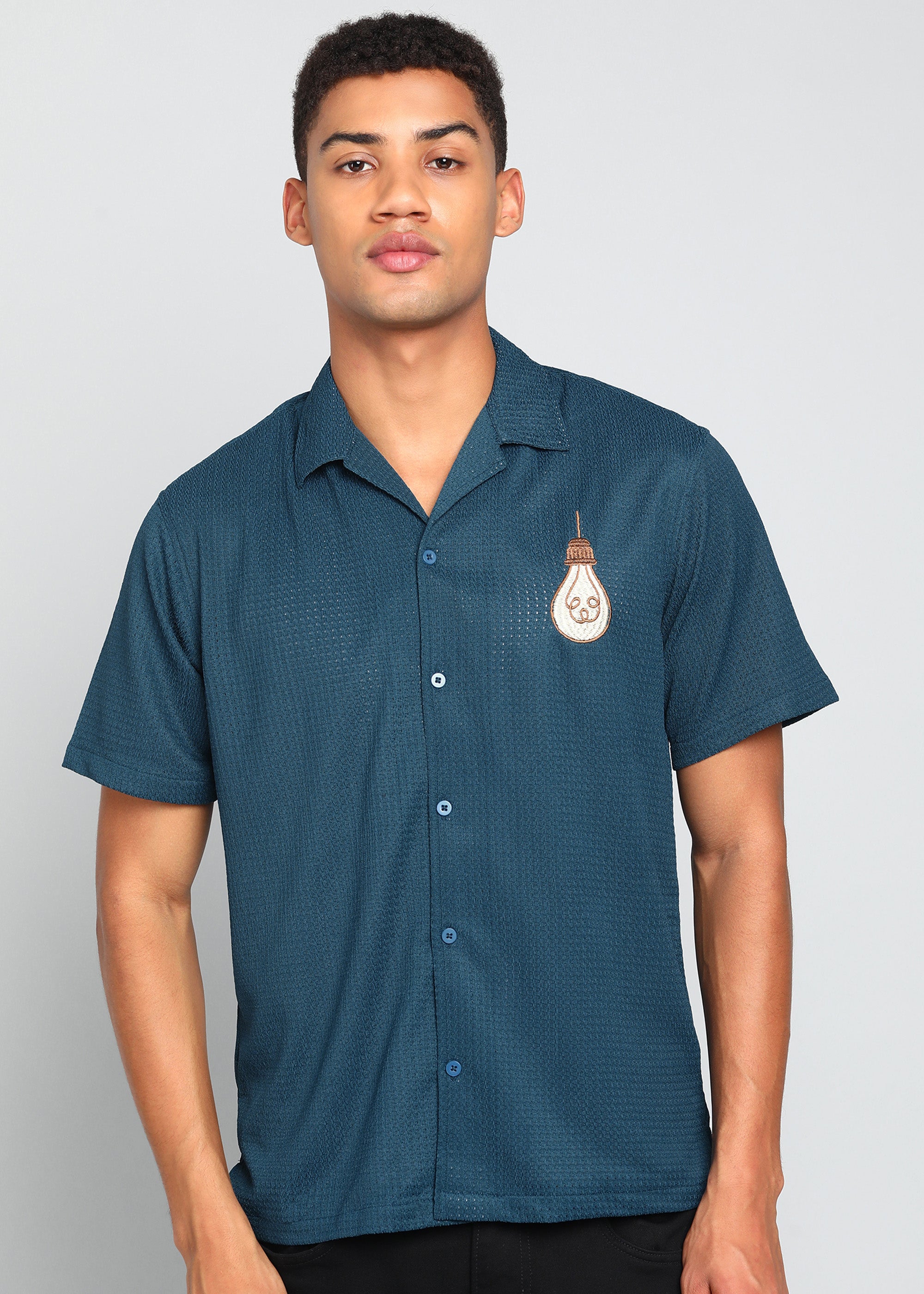 Men’s Deep Teal Textured Resort Embroidery Shirt