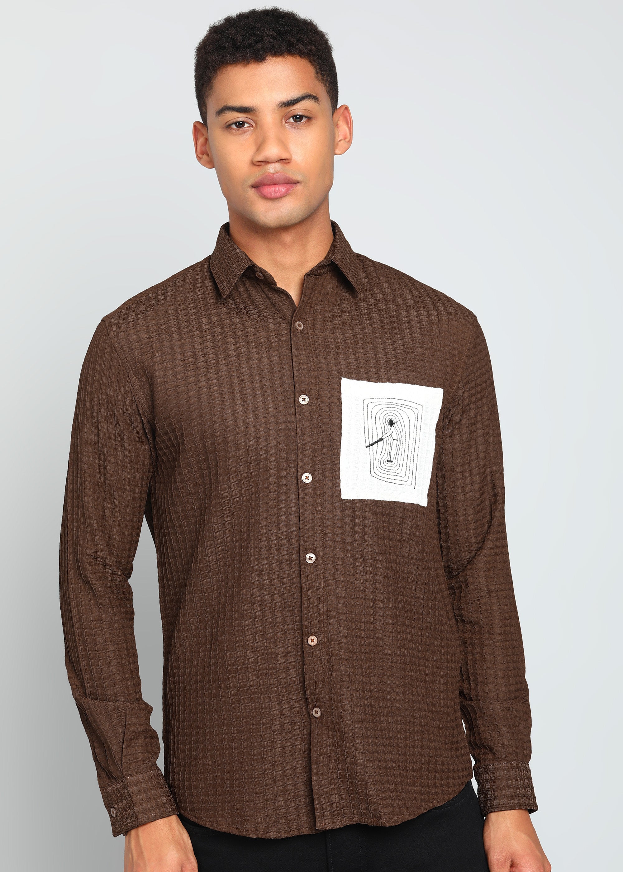 Men’s Brown Textured Polyester Long Sleeve Shirt with Contrast Graphic Patch