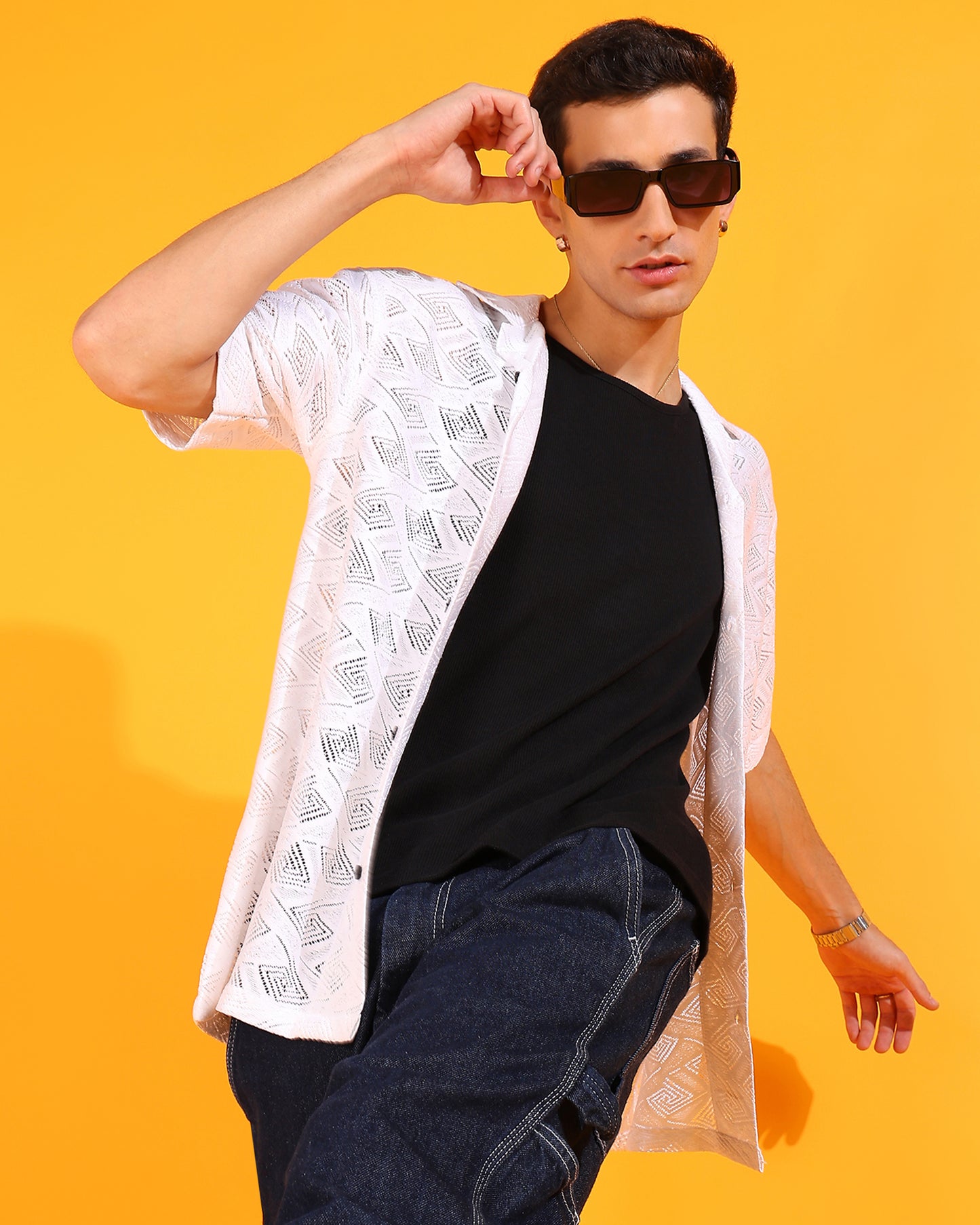 Geomatric White Crochet Square Pattern Shirt