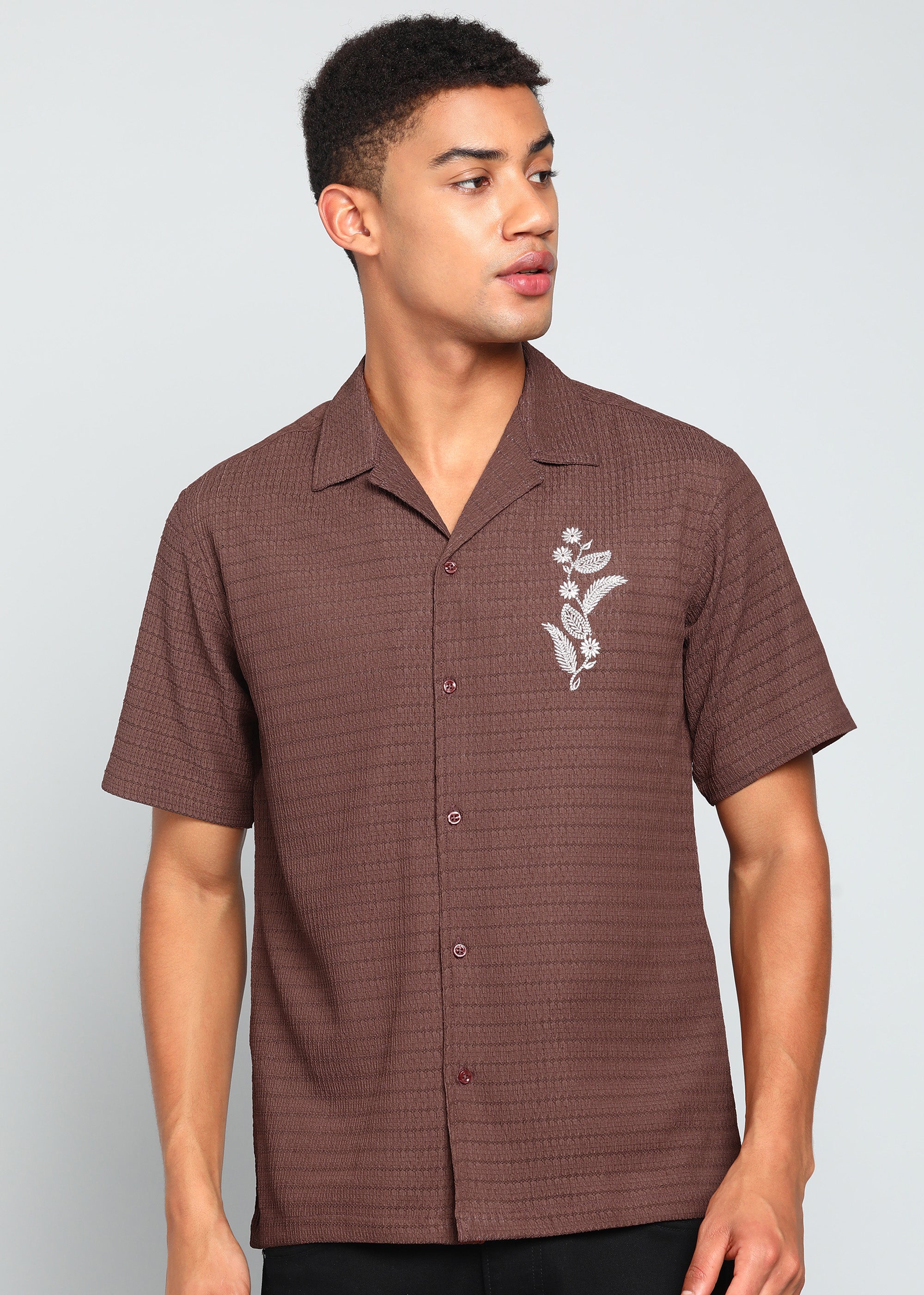 Men’s Maroon Textured Short-Sleeve Cuban Shirt with Floral Embroidery