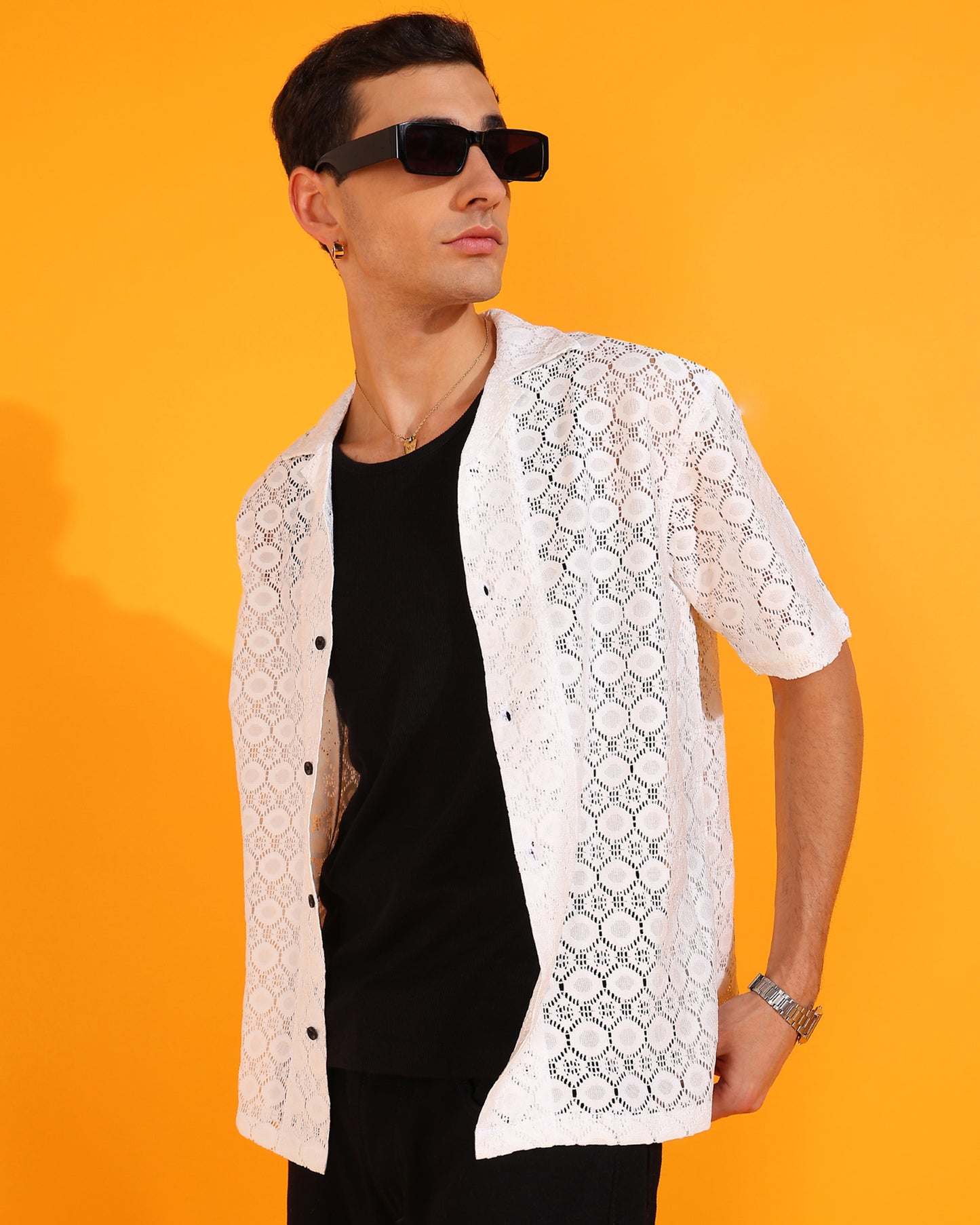 White Crochet Hexagon Pattern Shirt