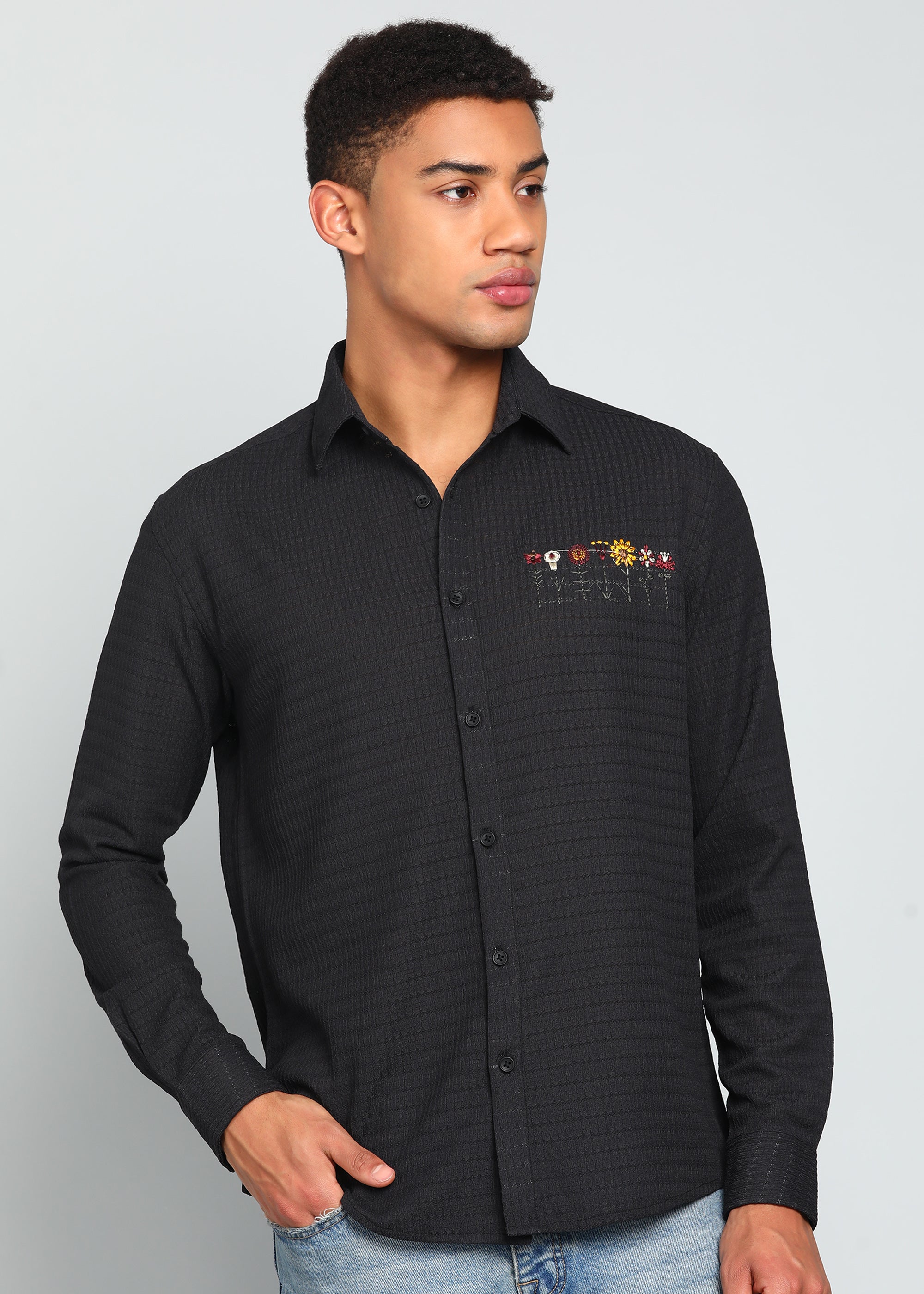 Men’s Black Textured Polyester Long-Sleeve Shirt with Floral Chest Embroidery