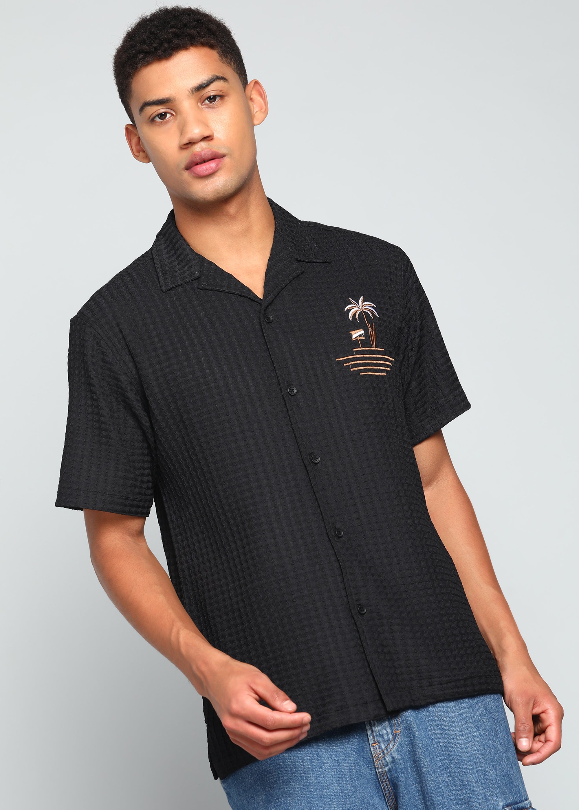 Men’s Black Textured Seersucker Cuban Collar Shirt with Palm Embroidery