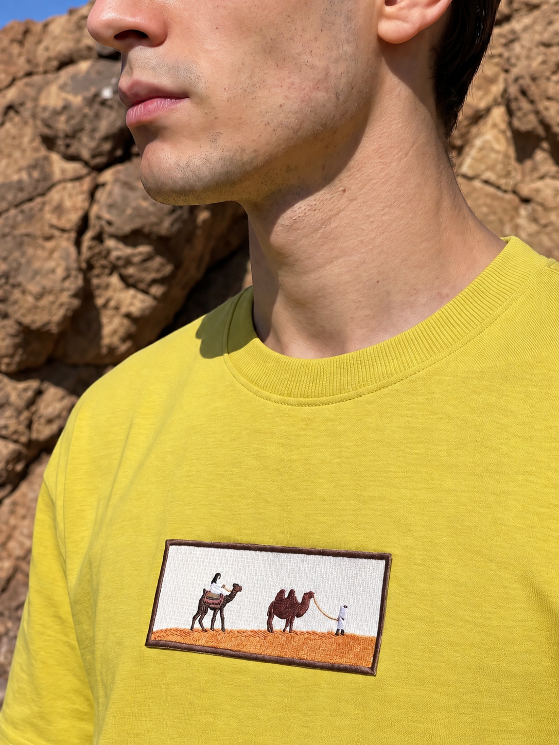 Men's Premium Oversized T-Shirt with Desert Camel Graphic Patch - Yellow