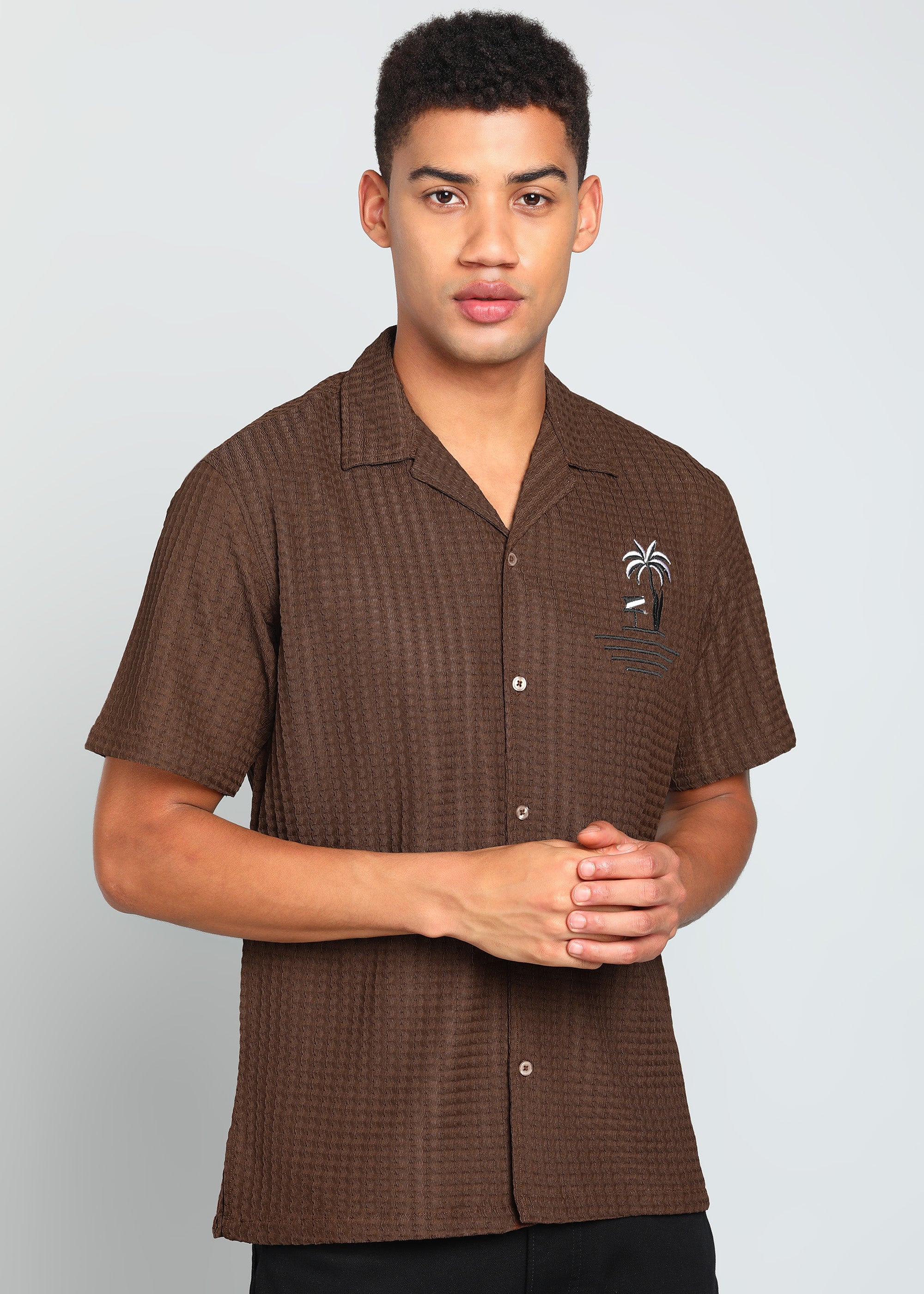 Men’s Brown Textured Seersucker Cuban Collar Shirt with Palm Embroidery