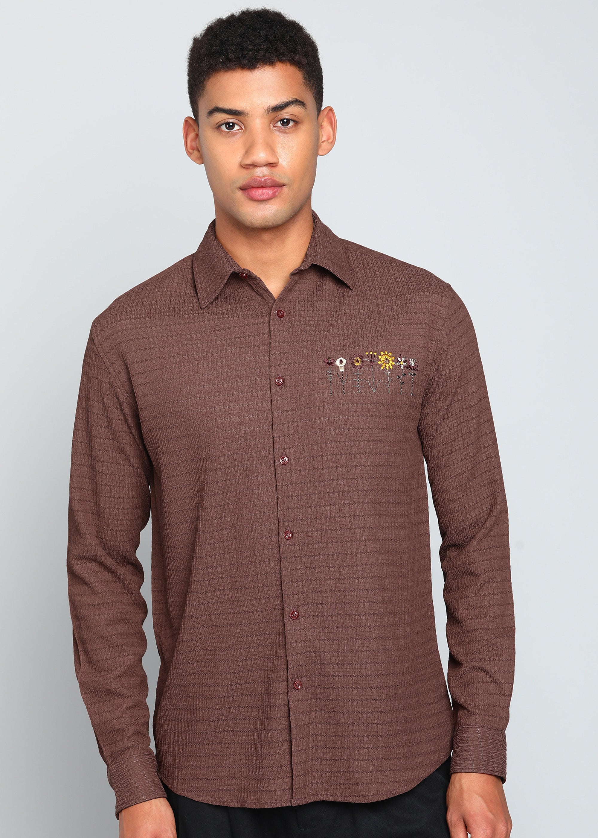 Men’s Brown Textured Polyester Long-Sleeve Shirt with Floral Embroidery