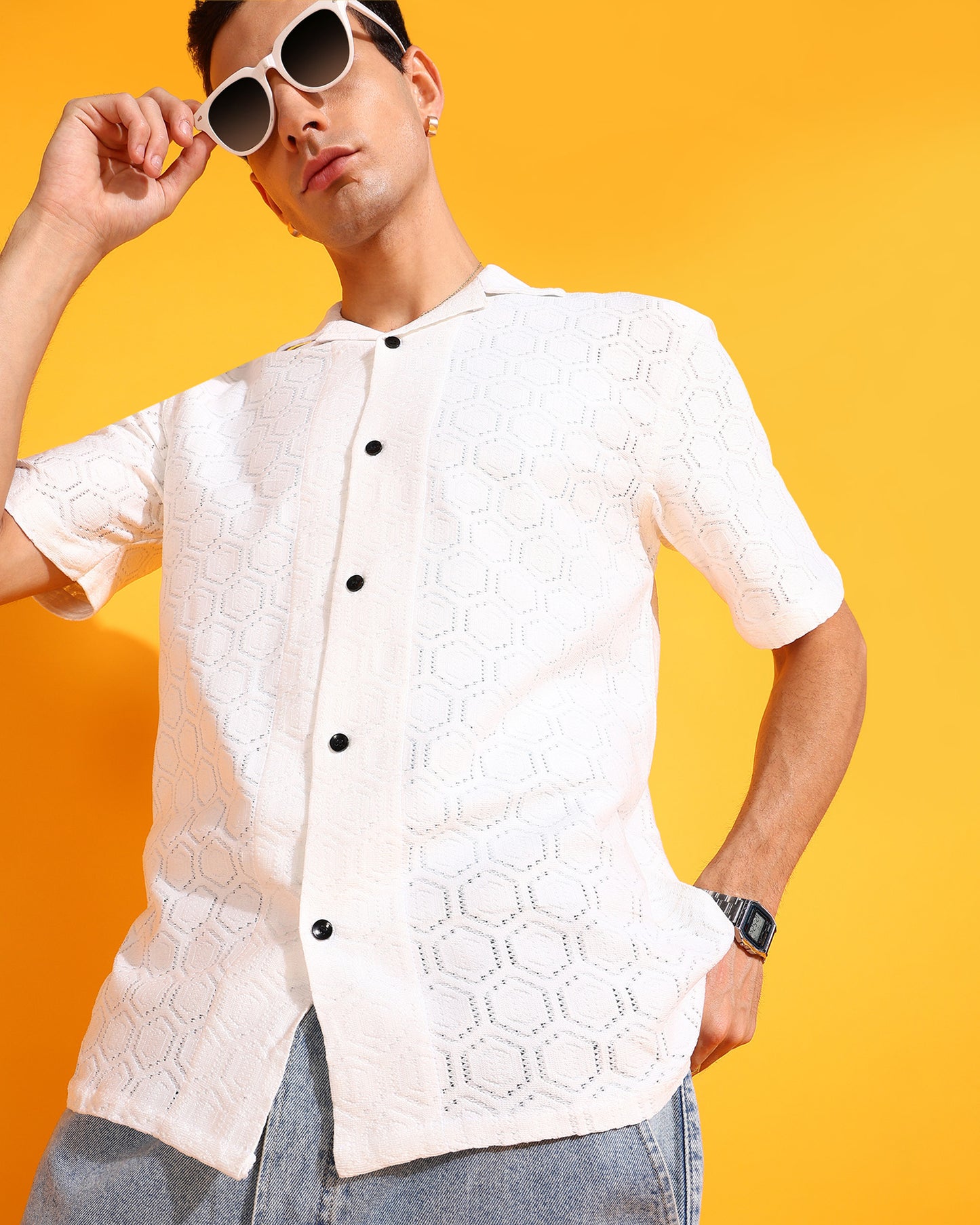 White Crochet Octagon Pattern Shirt