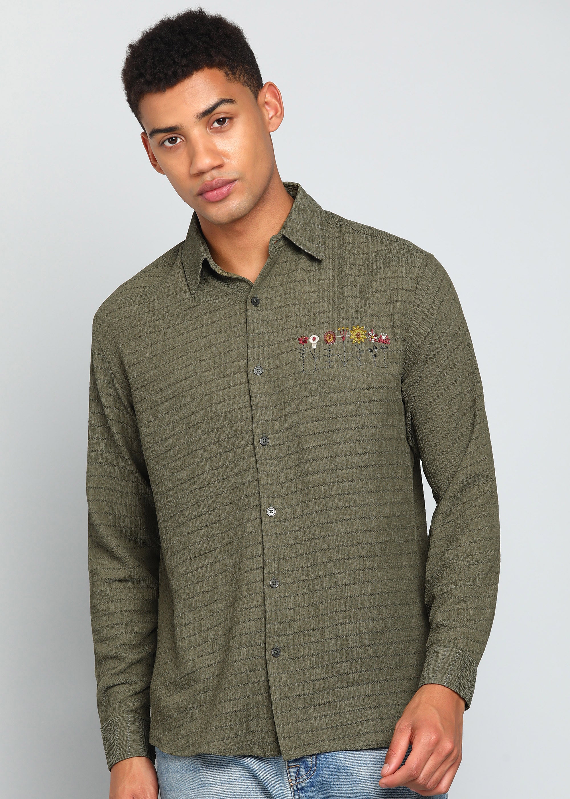 Men’s Olive Green Textured Long-Sleeve Shirt with Embroidered Floral