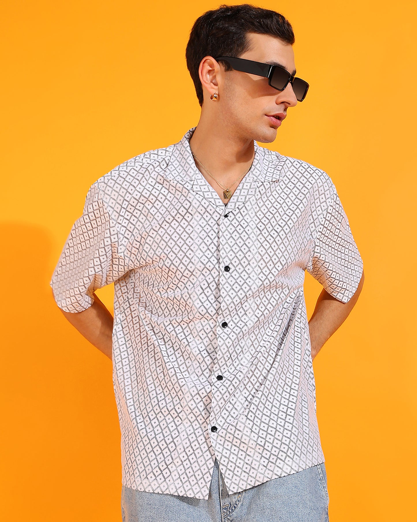 White Crochet Rhombus Design Shirt