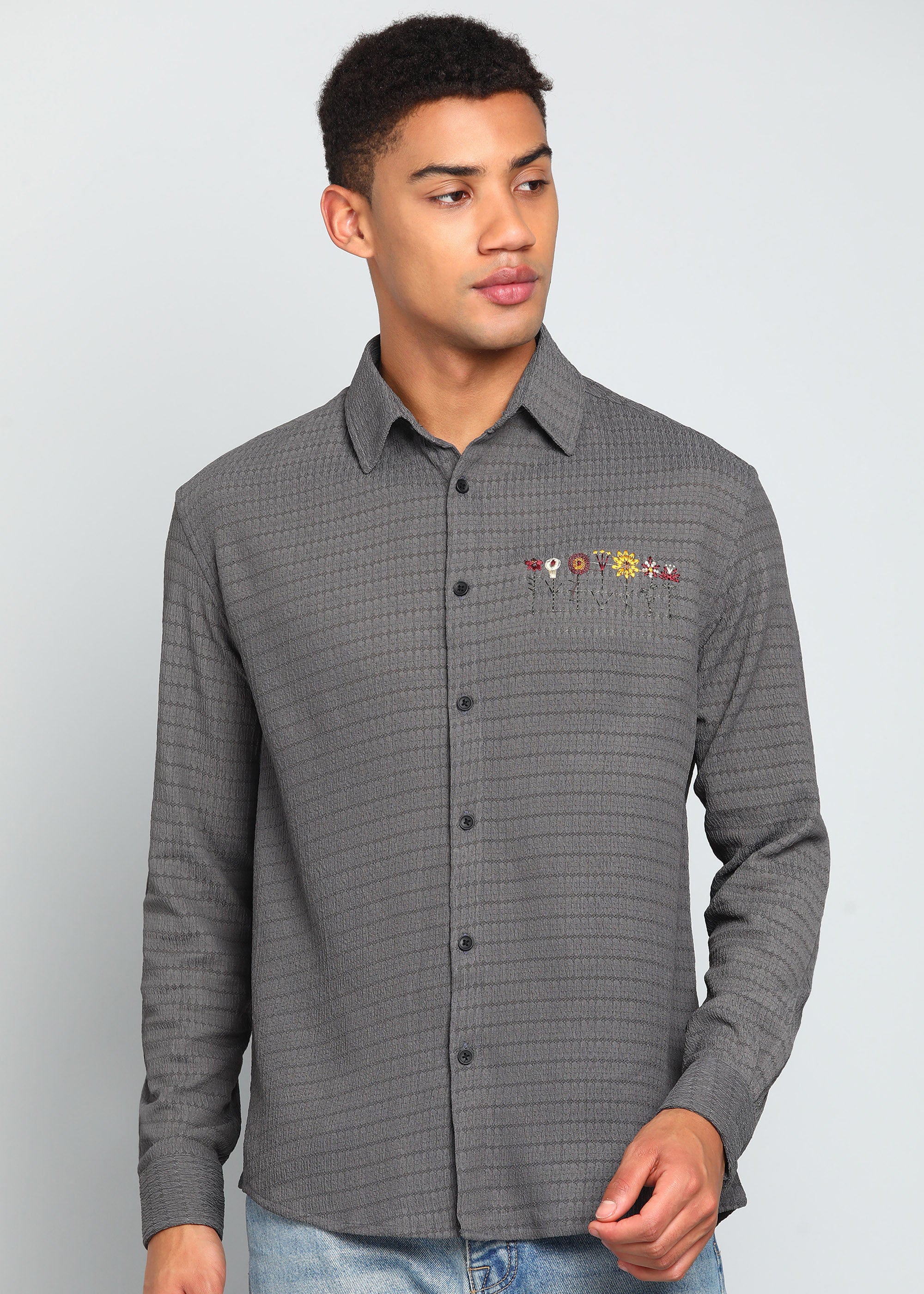 Men’s Grey Textured Polyester Long-Sleeve Shirt with Multi-Color Flower Embroidery