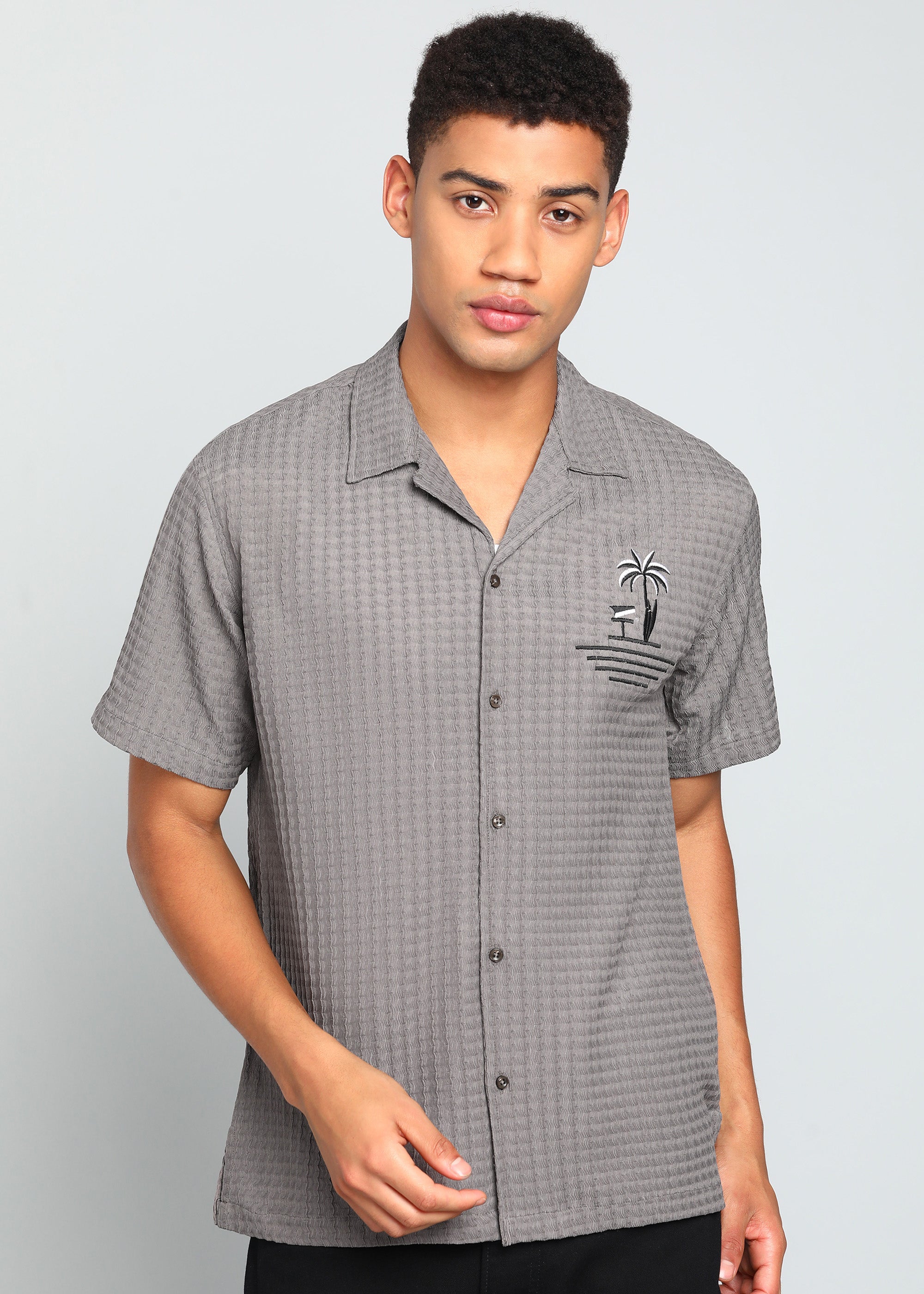 Men’s Grey Textured Seersucker Cuban Collar Shirt with Palm Embroidery