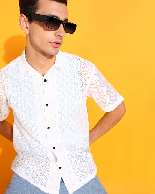 White Crochet Rhombus Pattern Shirt