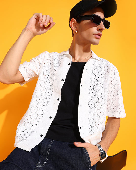 Geomatric White Crochet Pentagon Pattern Shirt