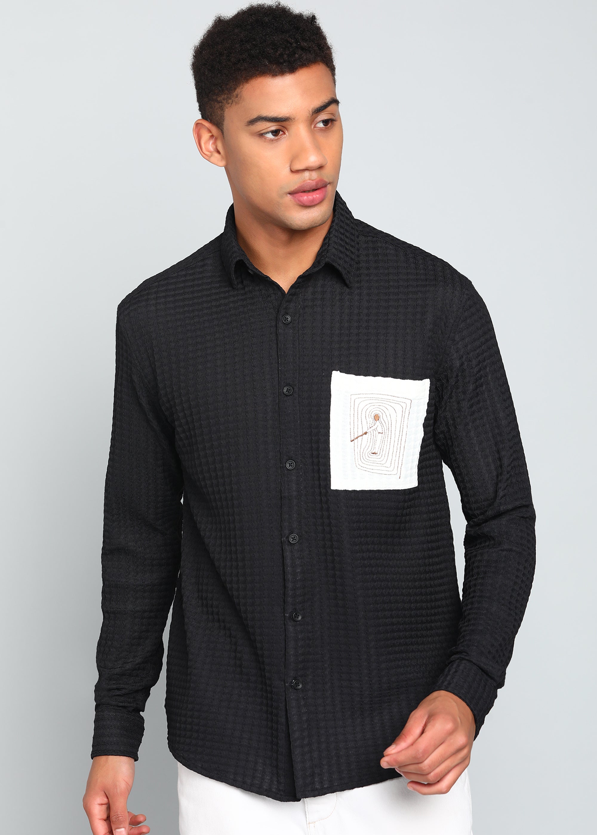 Men’s Black Textured Polyester Long Sleeve Shirt with Contrast Graphic Patch