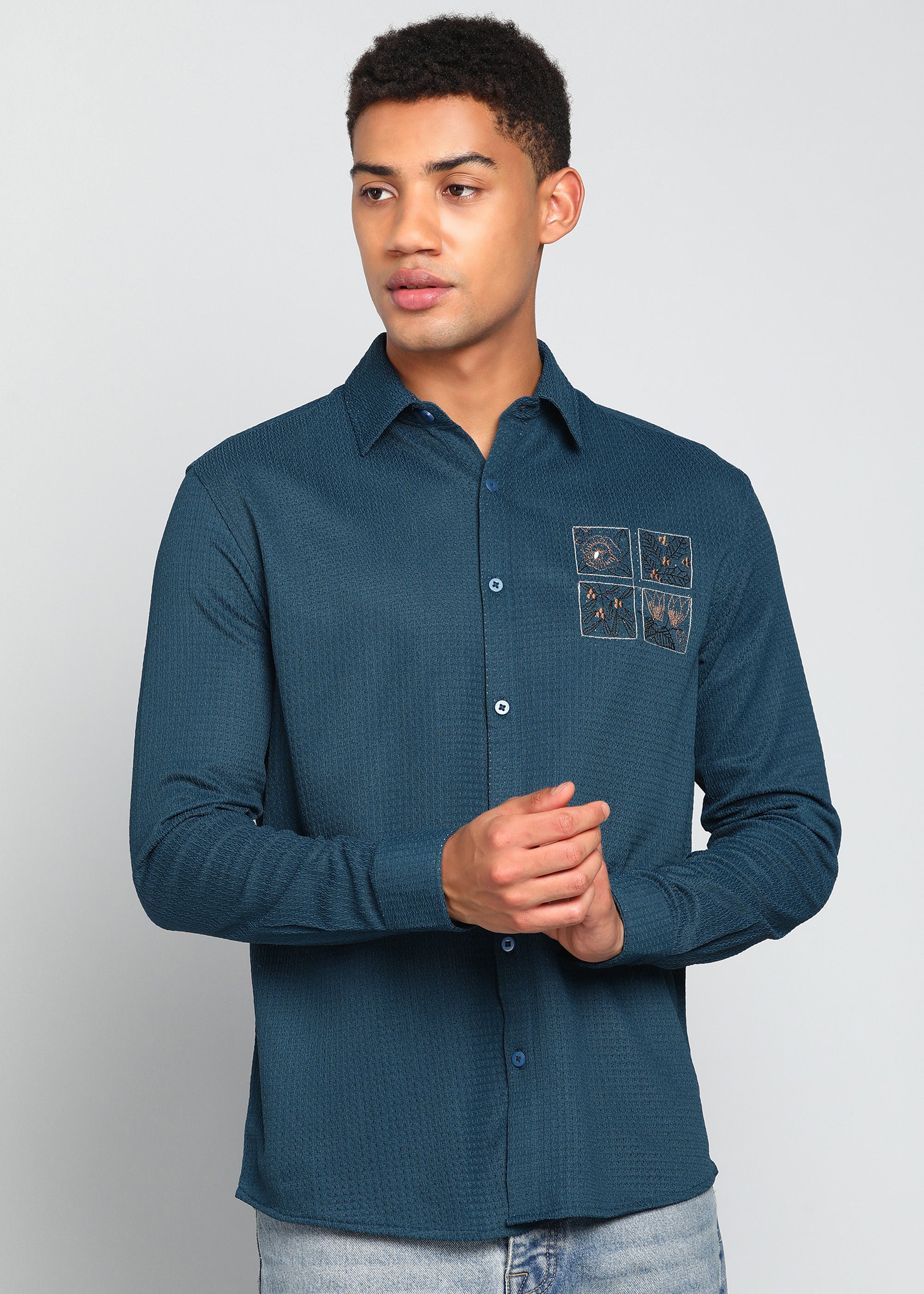Men’s Teal Blue Textured Regular Fit Shirt with Floral Chest Embroidery