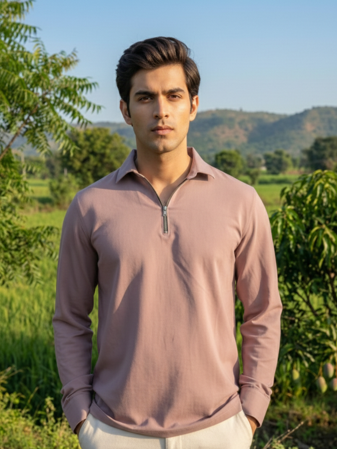 Men’s Dusty Rose Premium Quarter-Zip Long Sleeve Polo Shirt