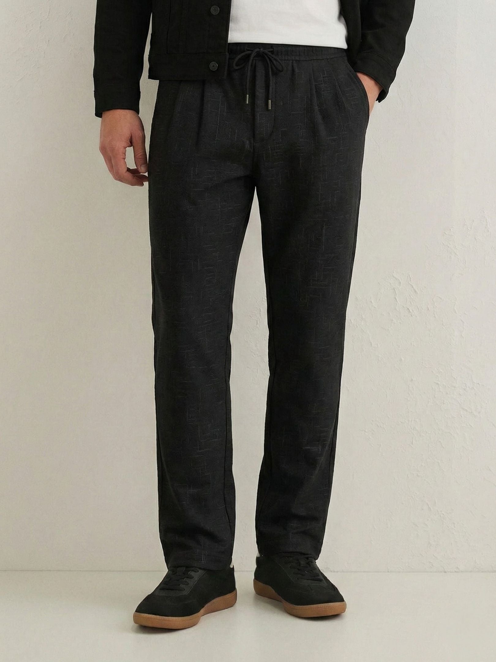 Men's Black Textured Relaxed Fit Trousers with Elasticated Drawstring Waist