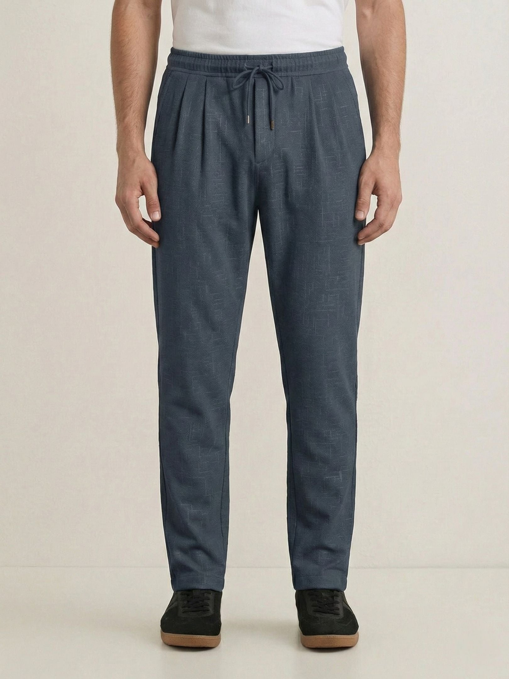 Men's Charcoal Grey Textured Relaxed Fit Trousers with Elasticated Drawstring Waist