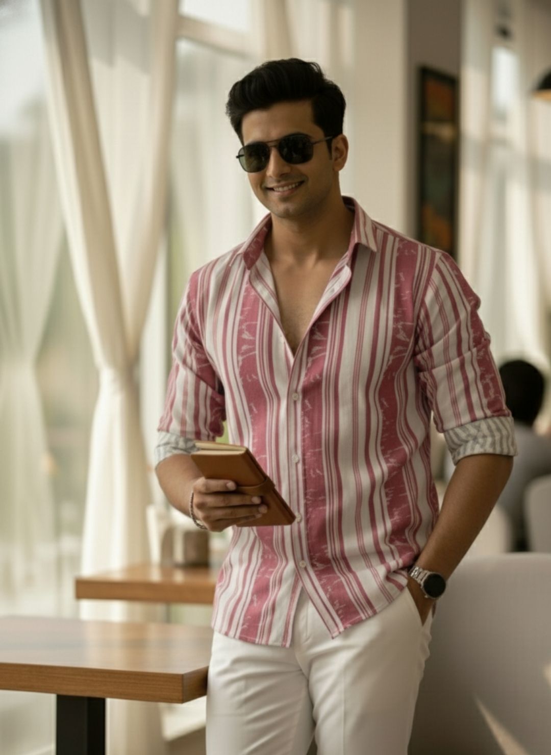 Men's Dusty Rose Textured Multi-Color Striped