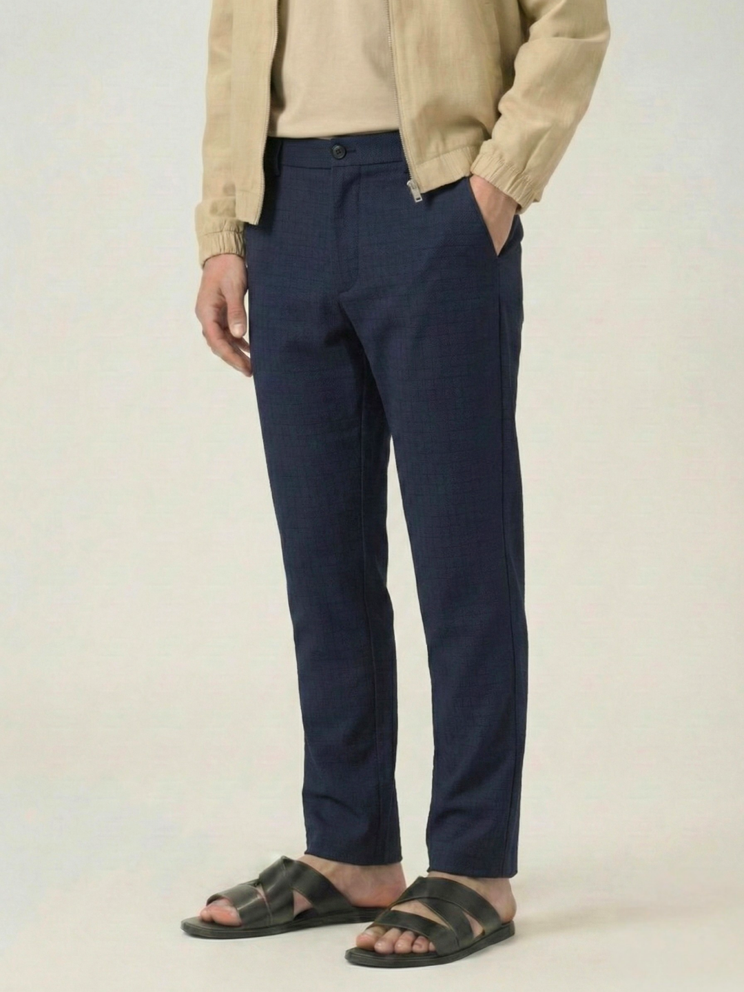 Men's Steel Blue Checks Soft Lycra Trousers