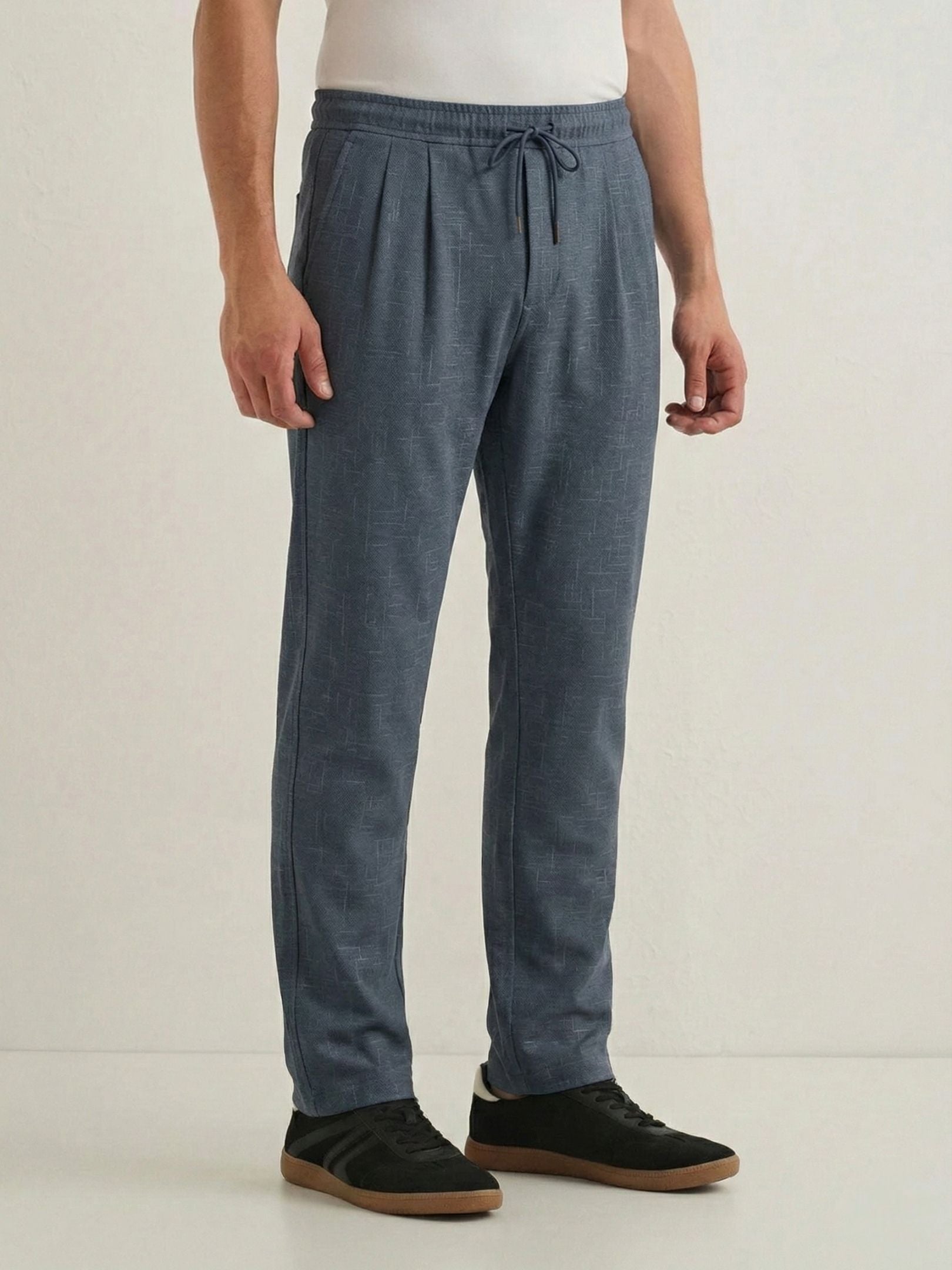 Men's Charcoal Grey Textured Relaxed Fit Trousers with Elasticated Drawstring Waist