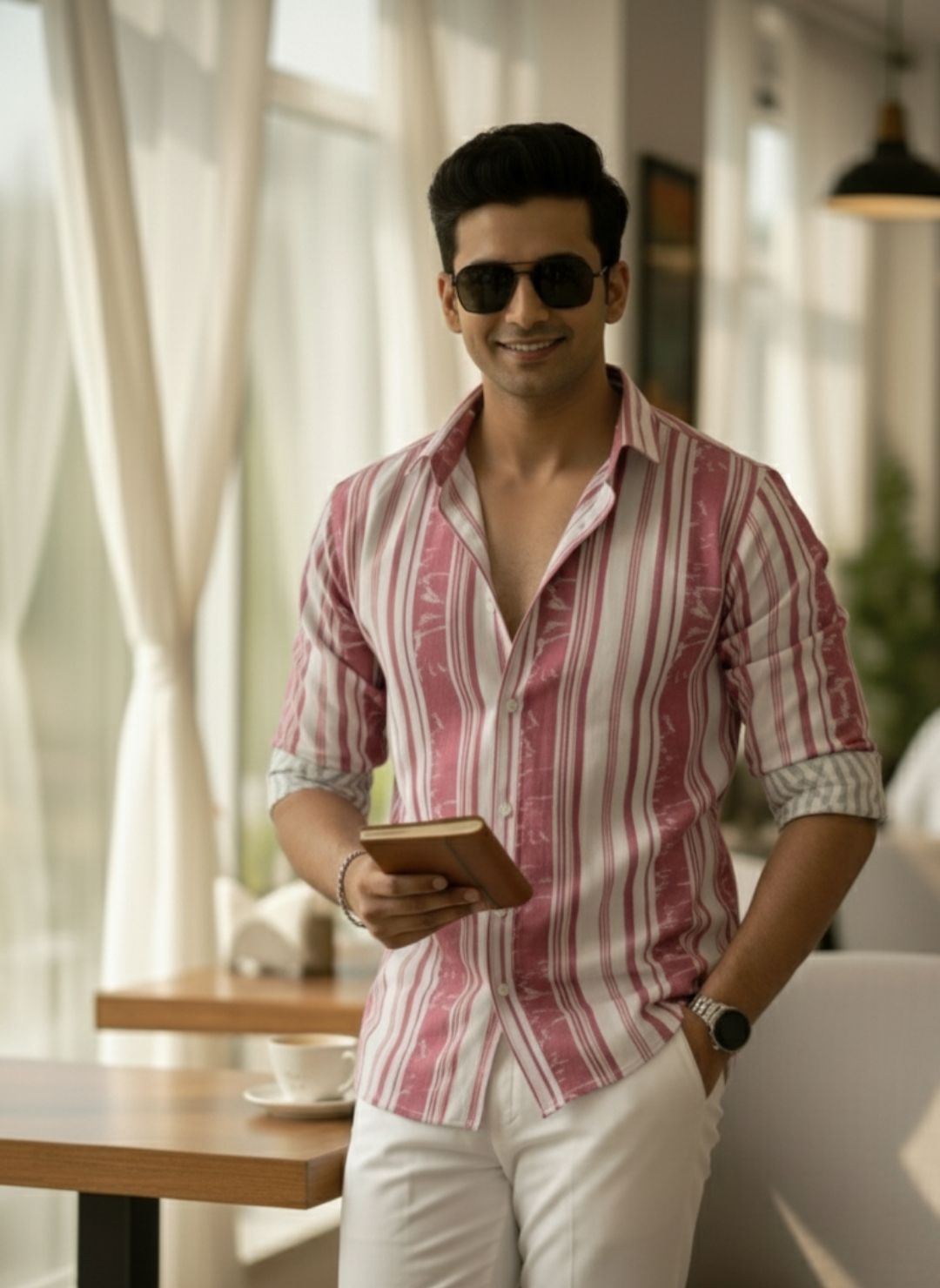 Men's Dusty Rose Textured Multi-Color Striped