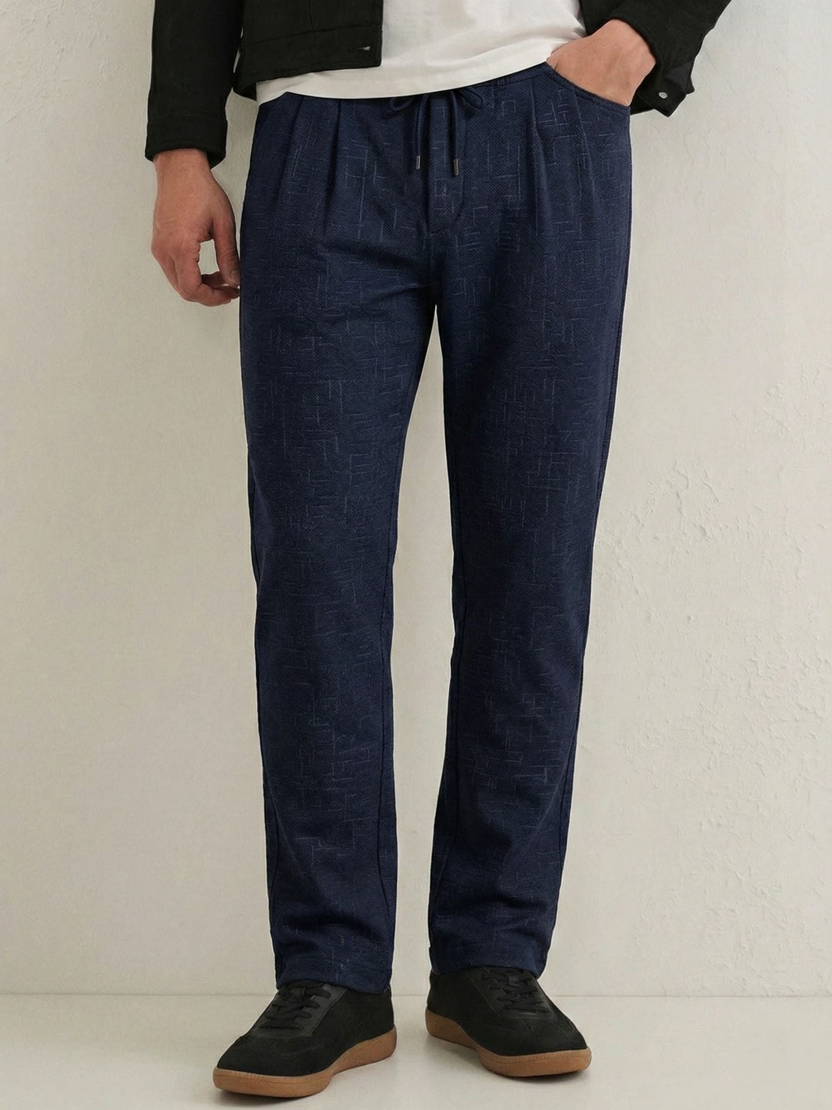 Men's Navy Blue Textured Relaxed Fit Trousers with Elasticated Drawstring Waist