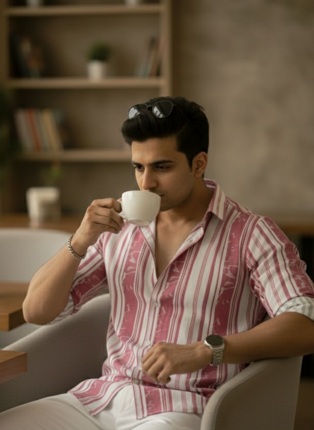 Men's Dusty Rose Textured Multi-Color Striped